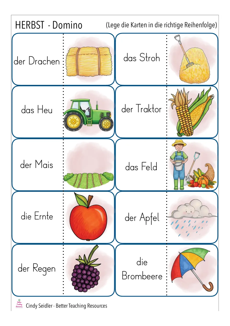 German fall domino cards 11–20: der Drachen (kite), das Stroh (straw), das Heu (hay), and seven more