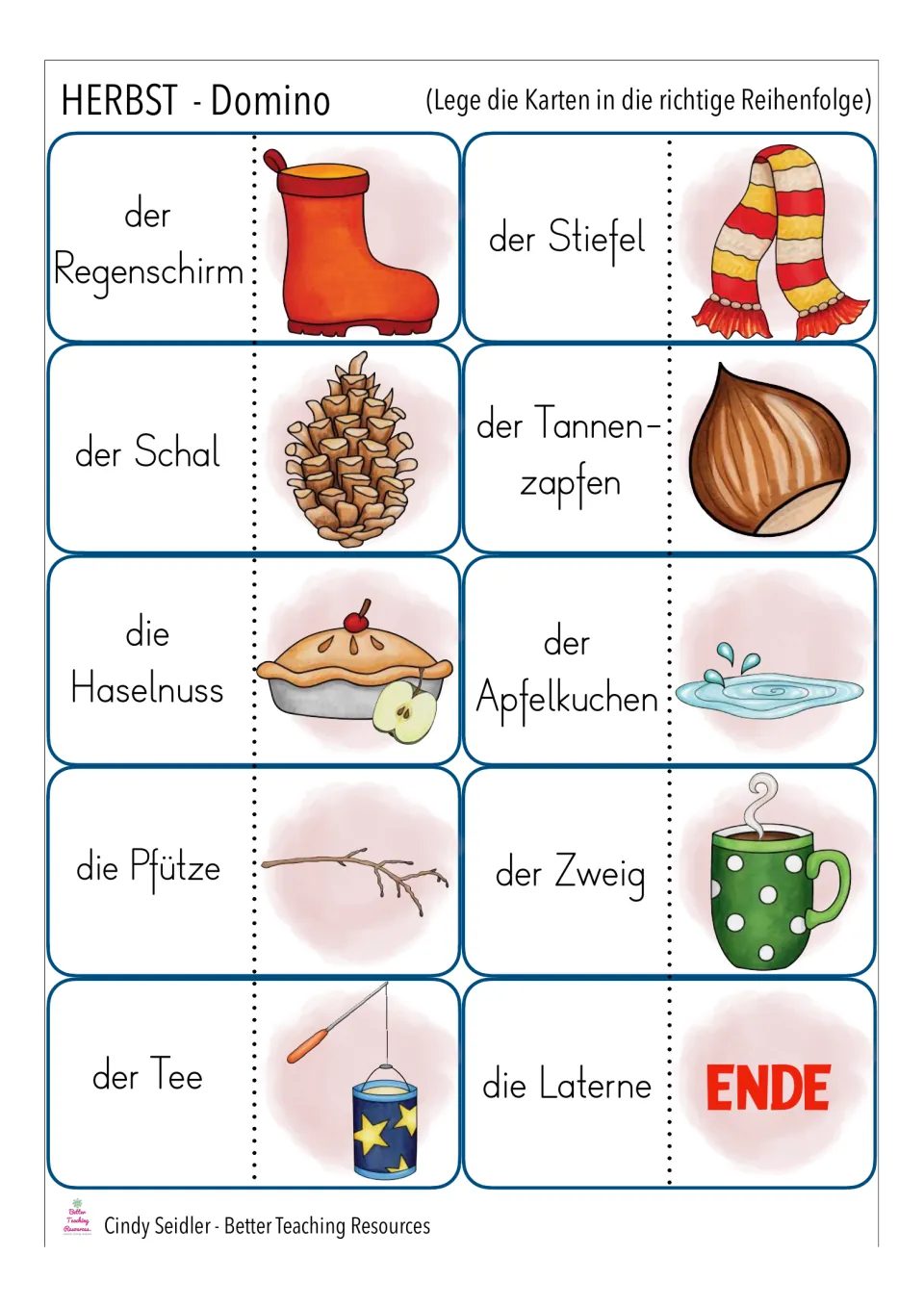 German fall domino cards 21–30: der Regenschirm (umbrella), der Stiefel (boot), and eight more, ending at ENDE