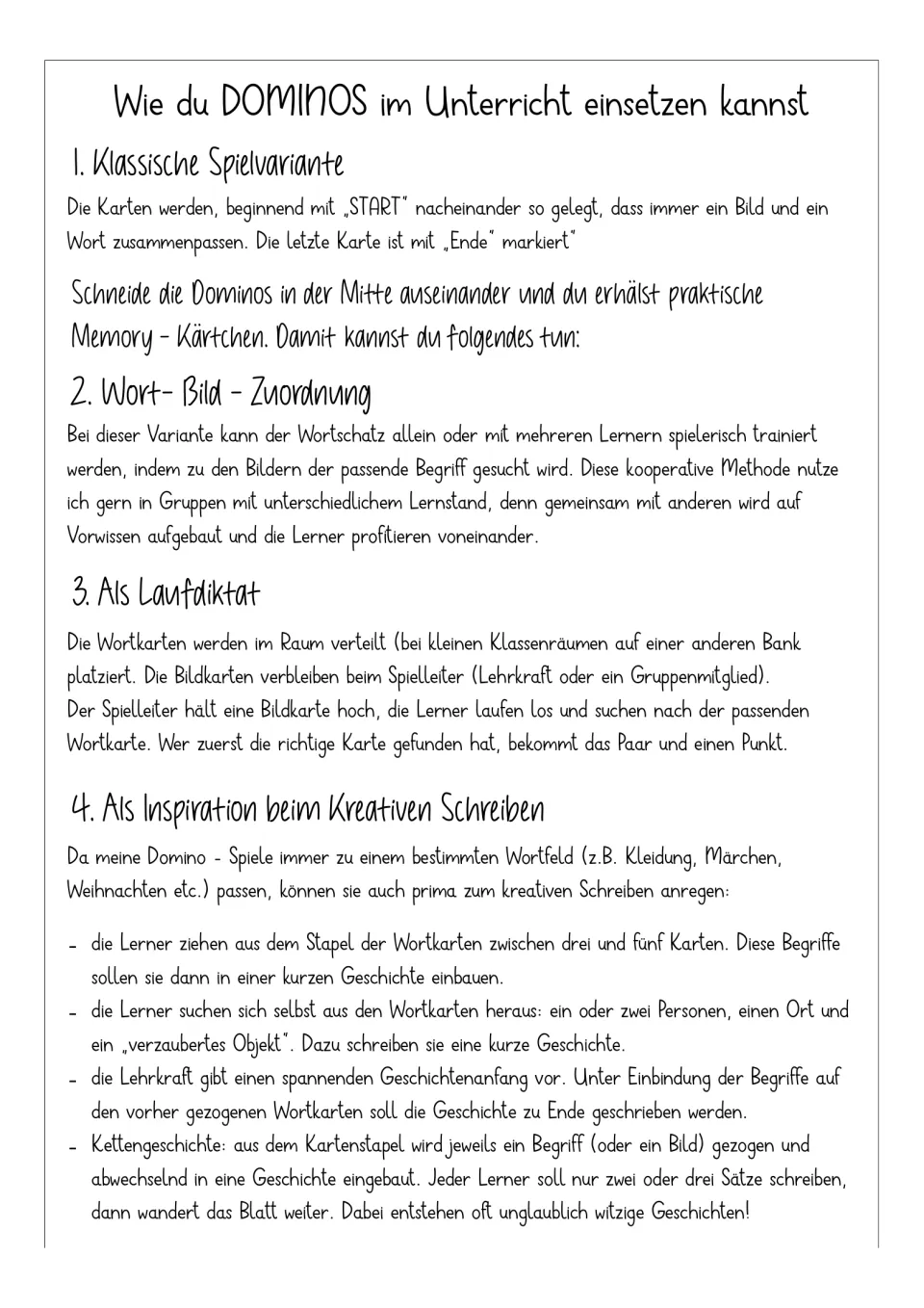 German instructions for using the dominoes: classic play, word-picture matching, running dictation, and writing