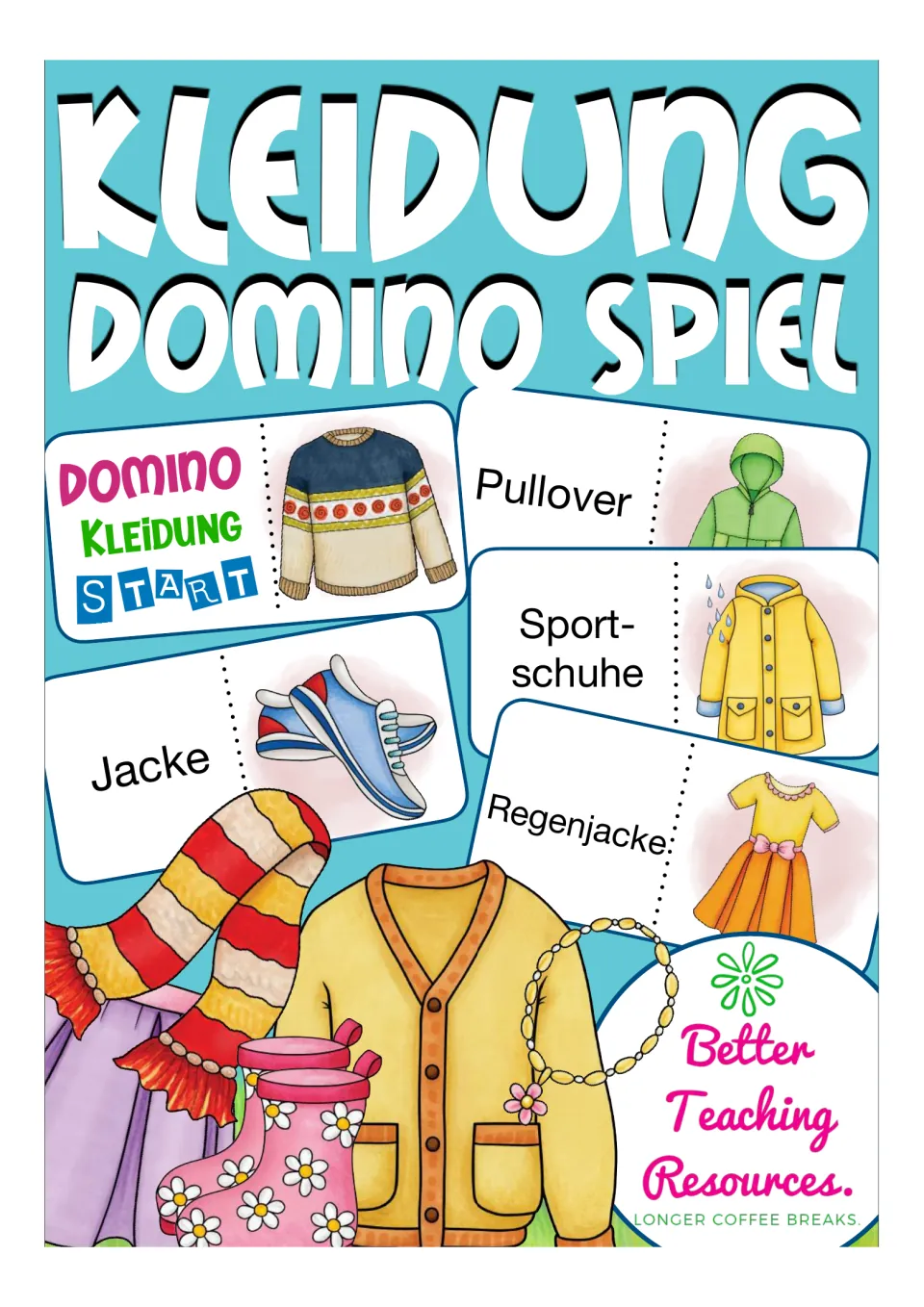 Kleidung Domino Spiel cover: sample domino cards pairing German clothing words like Pullover and Jacke with pictures