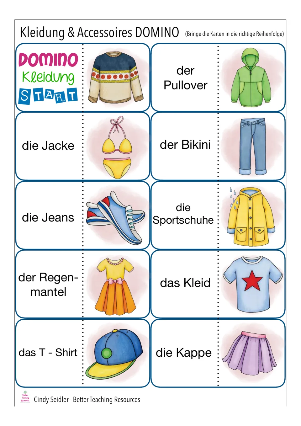 German clothing dominoes: students match words like der Pullover, die Jeans and das Kleid to pictures, starting at START