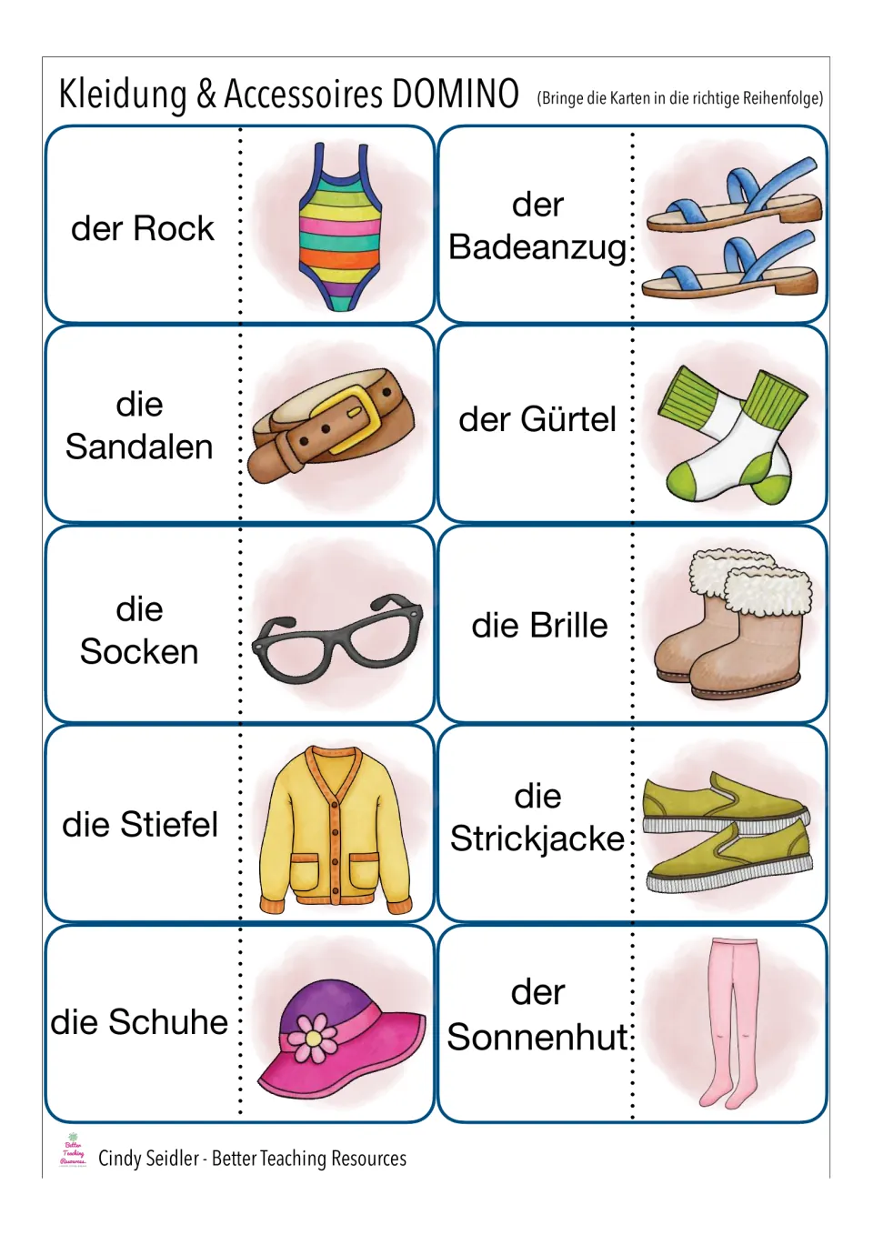 German dominoes: students chain cards matching der Rock, die Sandalen, die Brille and der Sonnenhut to pictures
