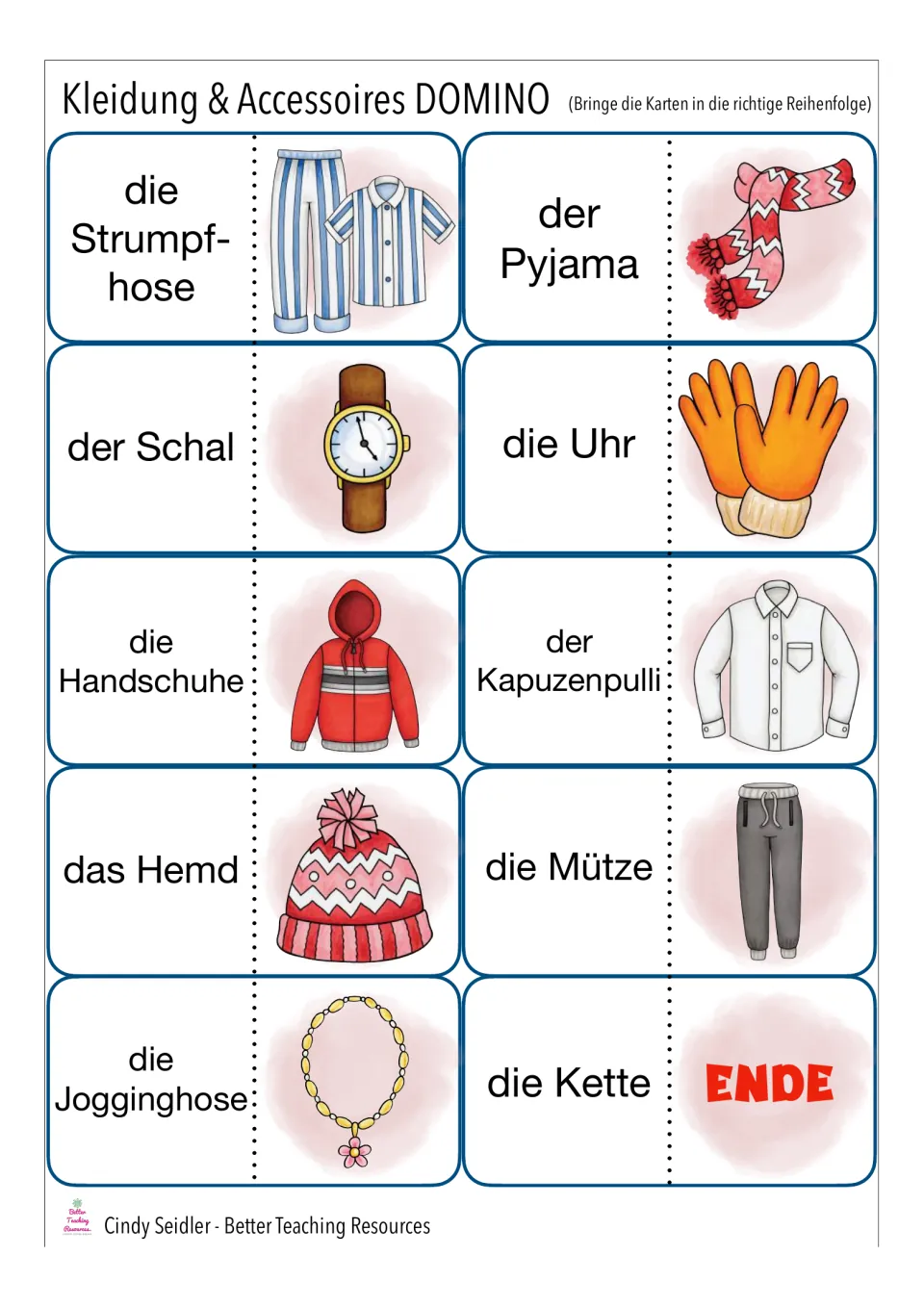 Final clothing domino cards: students link die Strumpfhose, der Schal, die Uhr and die Mütze to pictures, ending at ENDE