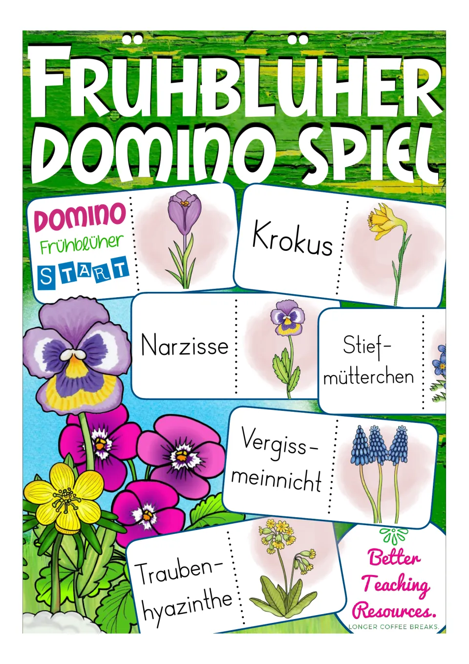Cover of the German spring flower domino game, showing sample word-and-picture cards and a Start card.