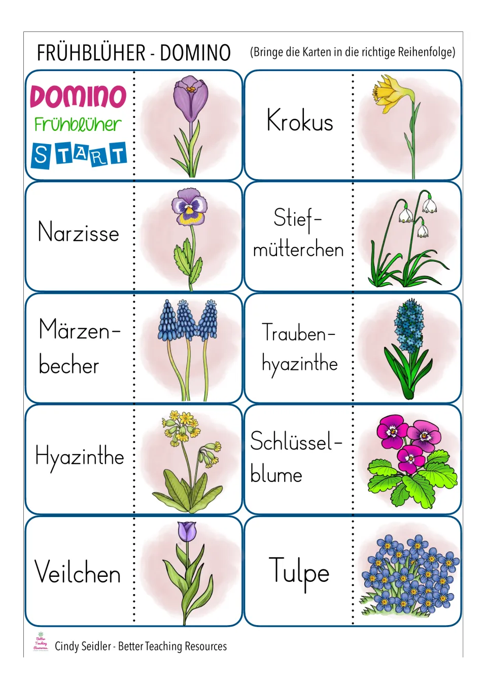 First 10 domino cards: Start, Krokus (crocus), Narzisse (daffodil), and seven more German flower labels.