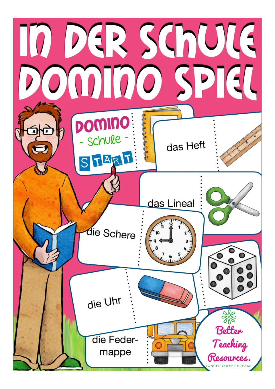 Cover of the German school vocabulary domino game, showing sample word-and-picture cards and the title.