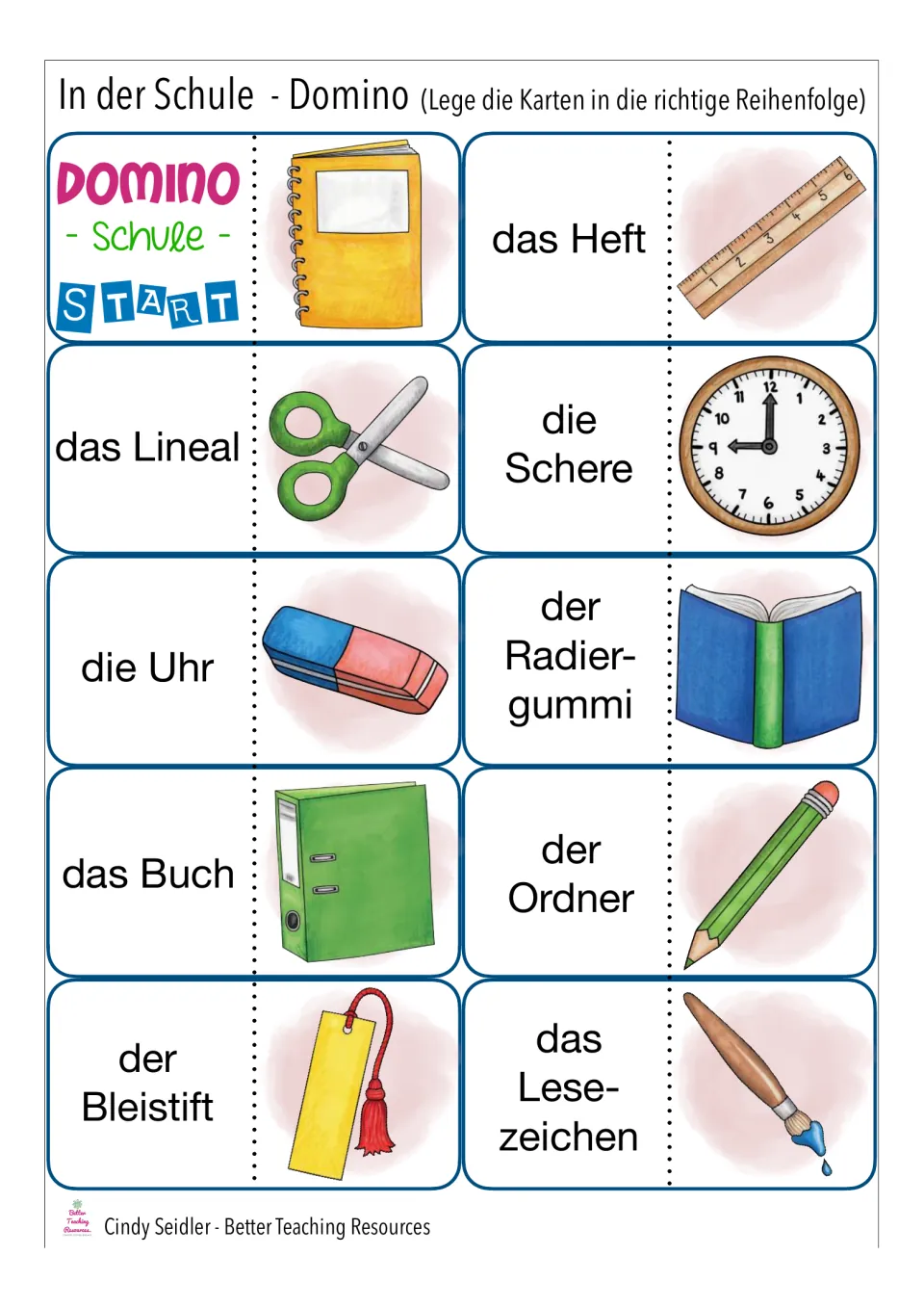 Domino cards 1–10: START, das Heft (notebook), das Lineal (ruler) and more school words with pictures.