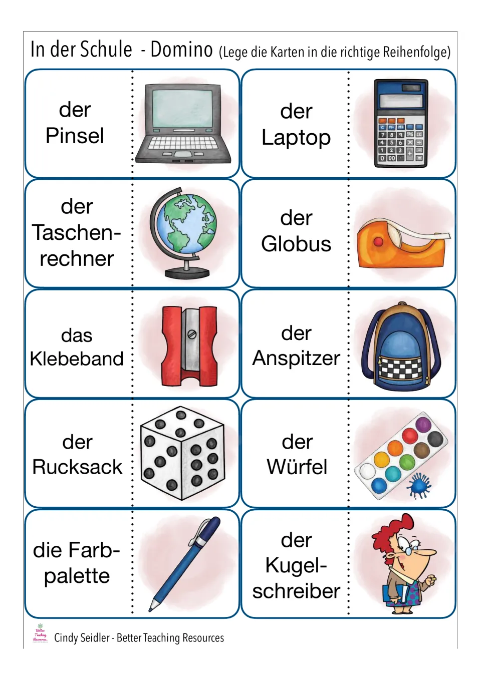 Domino cards 11–20: der Pinsel (paintbrush), der Laptop (laptop) and eight more school words with pictures.