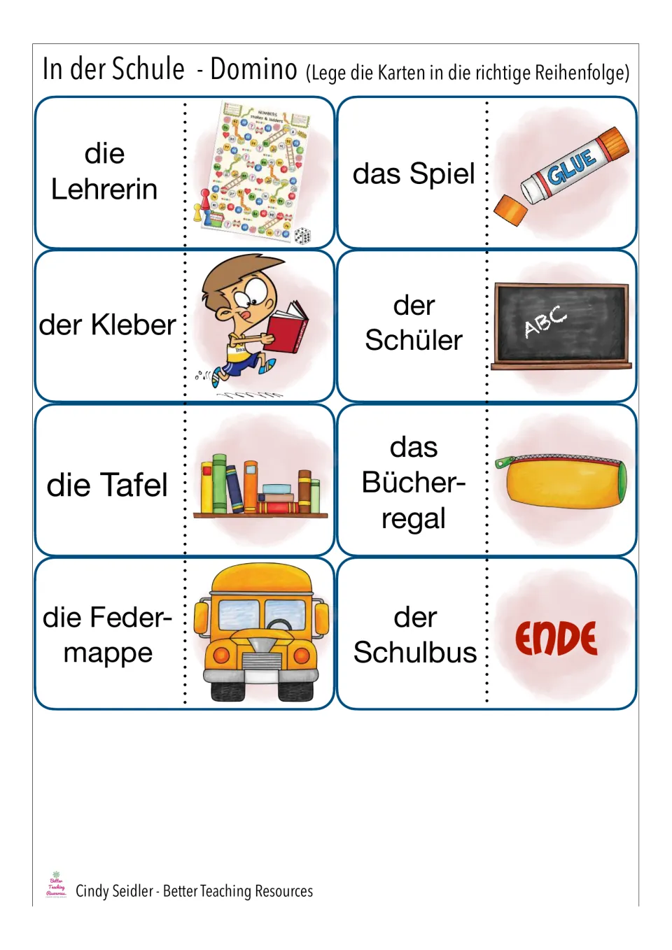Domino cards 21–28: die Lehrerin (teacher), das Spiel (game), six more school words and the ENDE marker.