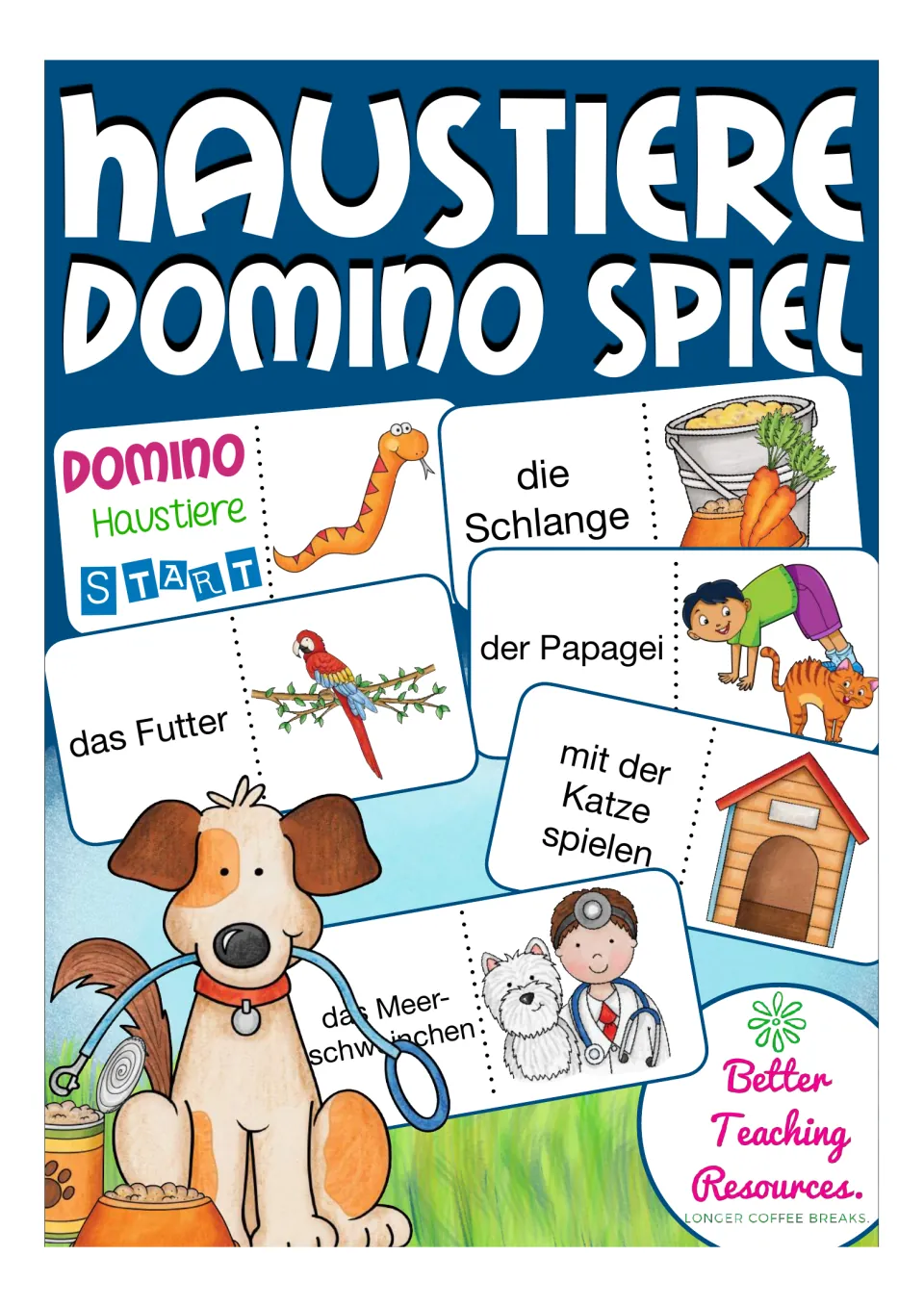 Cover of the German pet vocabulary domino game, showing sample word-and-picture tiles and the START tile.