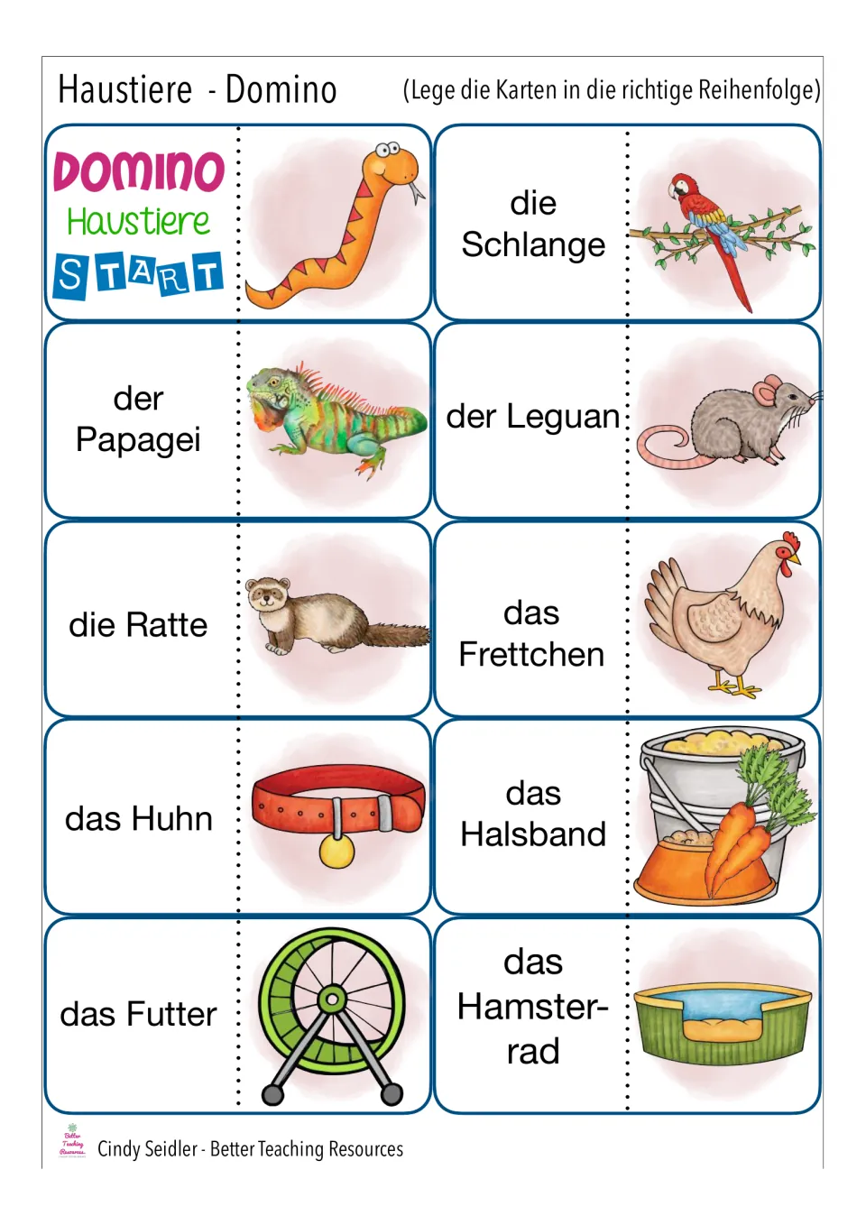 Domino cards 1–10: START, die Schlange (snake), der Papagei (parrot), and pet care vocabulary.