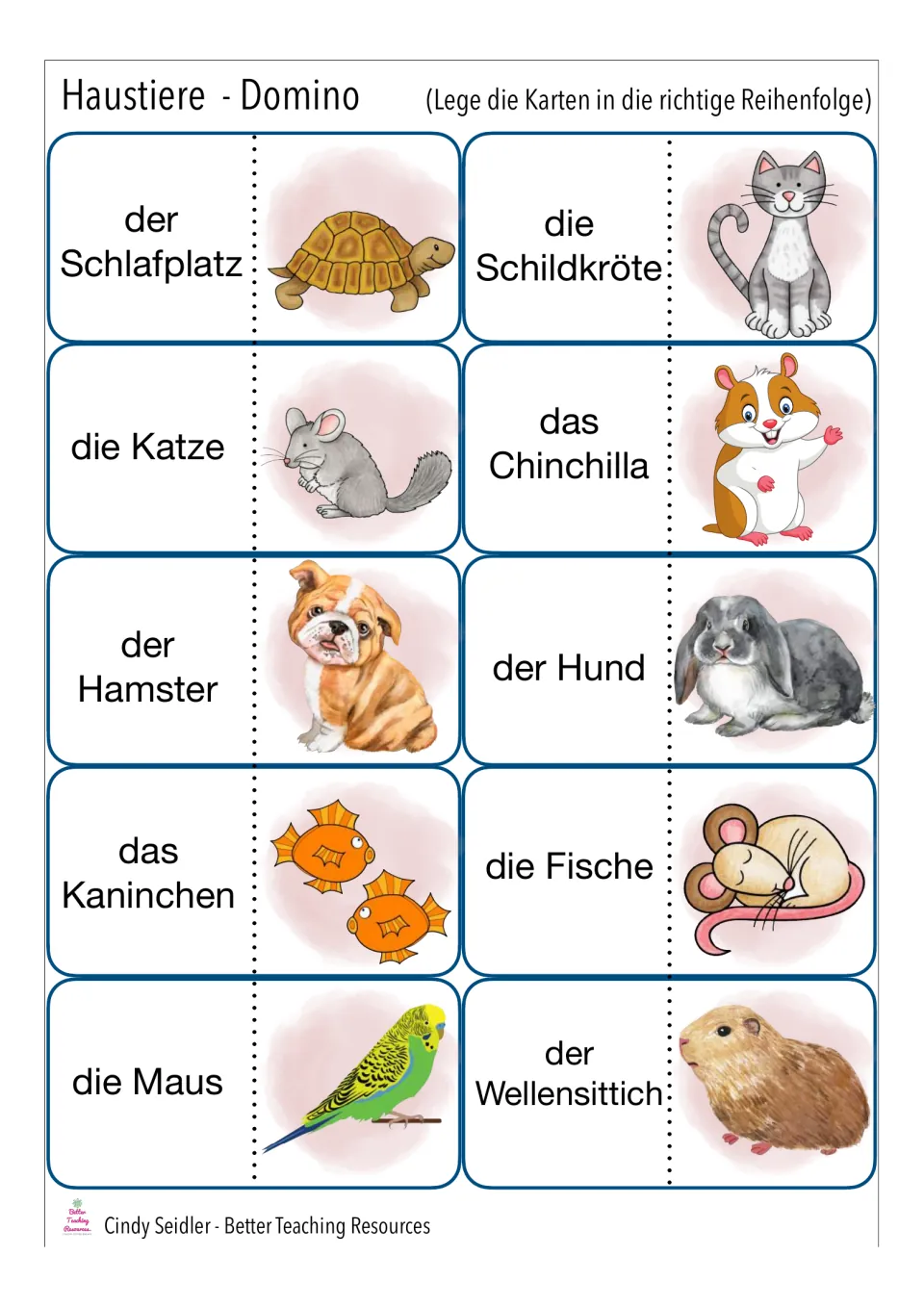 Domino cards 11–20: der Schlafplatz (sleeping place), die Schildkröte (turtle), and eight more animal words.