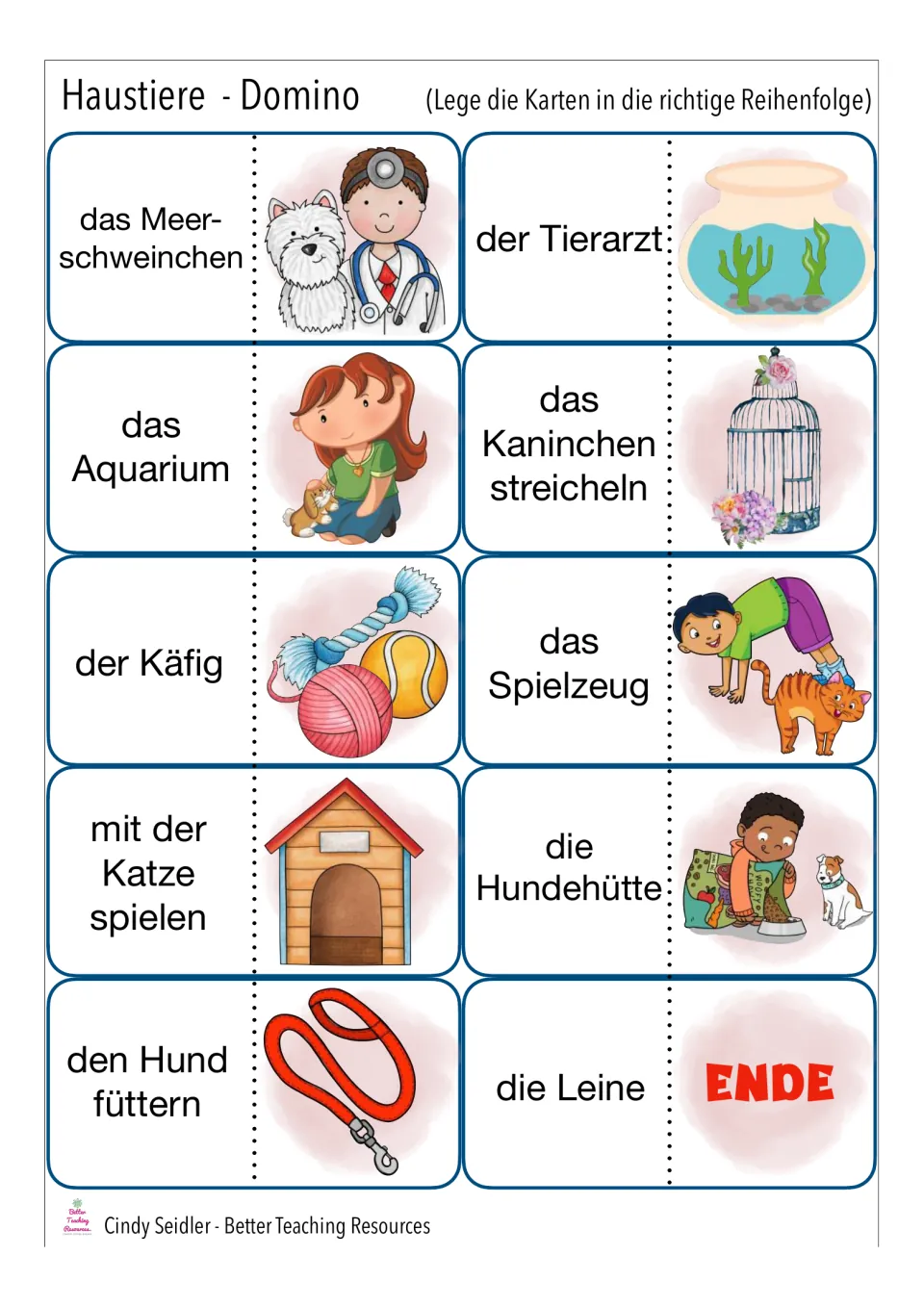 Domino cards 21–30: das Meerschweinchen (guinea pig), der Tierarzt (vet), pet care phrases, and ENDE.