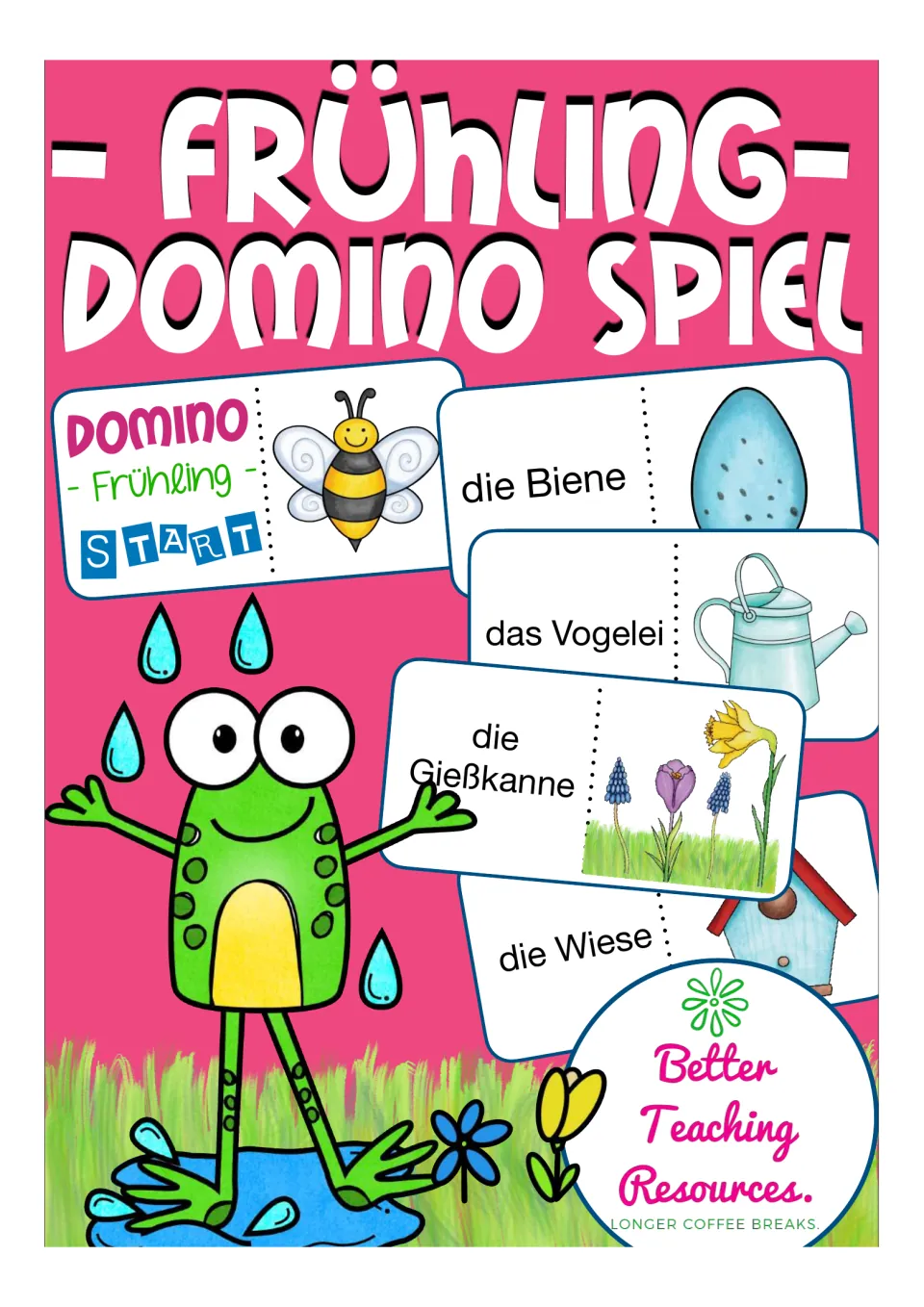 Cover of the German spring domino game, showing sample cards for bee, bird egg, watering can, and meadow.