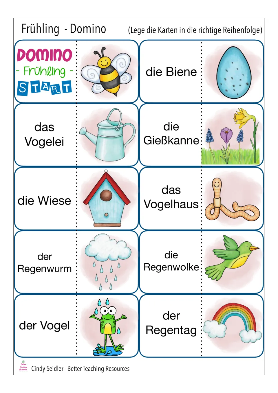 Spring domino cards 1–10: START, die Biene (bee), das Vogelei (bird egg), and seven more word-picture cards.