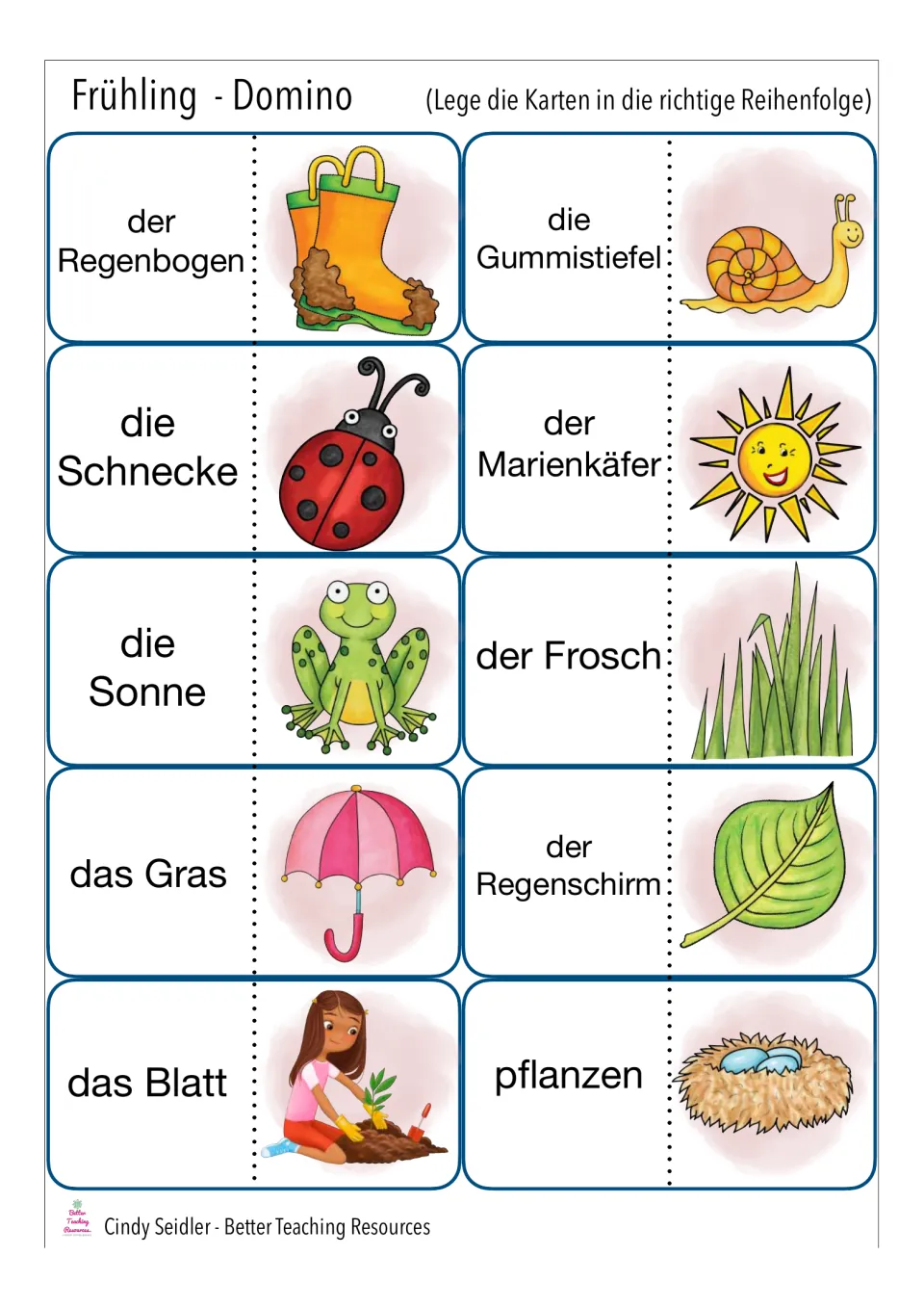 Spring domino cards 11–20: der Regenbogen (rainbow), die Gummistiefel (rain boots), and eight more cards.