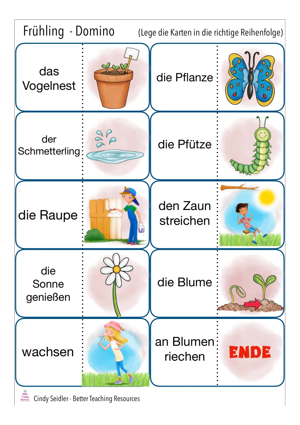 Spring domino cards 21–30: das Vogelnest (bird nest), die Pflanze (plant), and eight more, ending with ENDE.