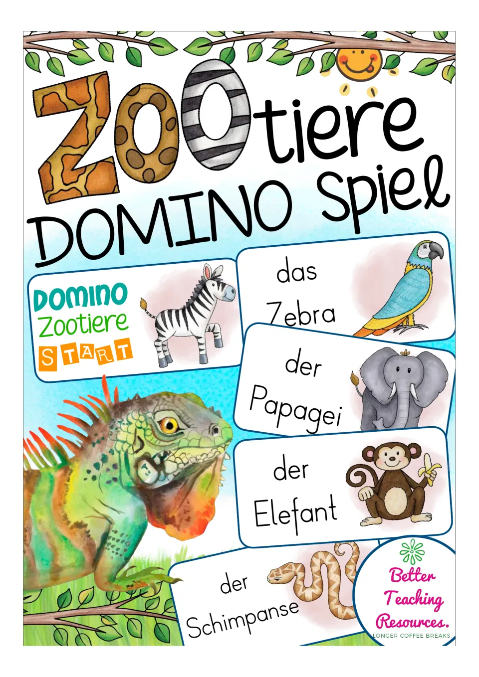 Cover of the German zoo animal domino game, showing sample cards with zebra, parrot, elephant, and snake.