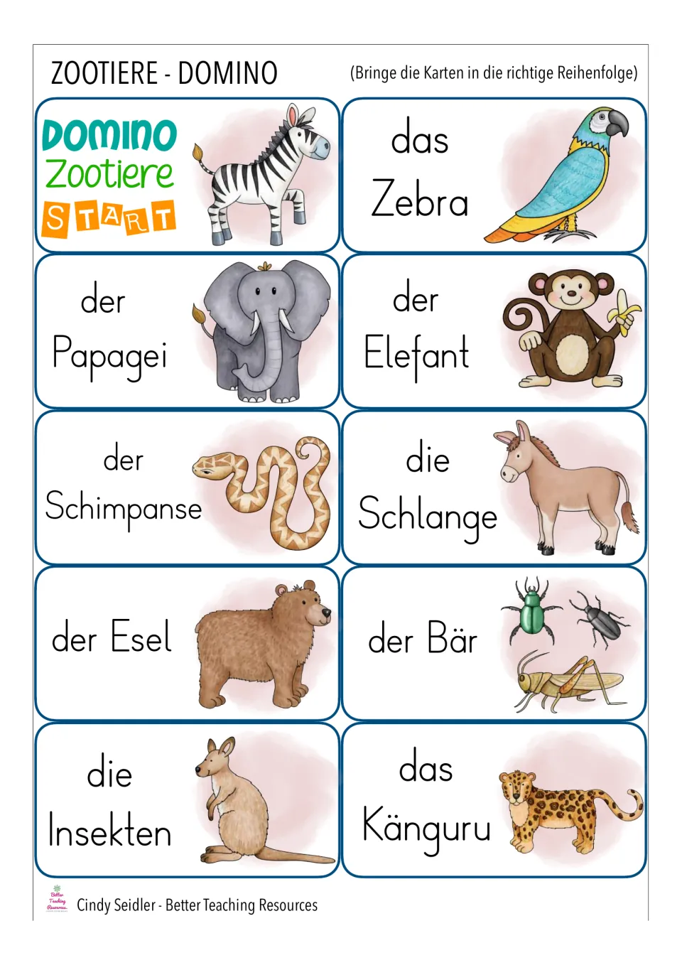 Domino cards 1–10: START, das Zebra (zebra), der Papagei (parrot), and animal words paired with new pictures.