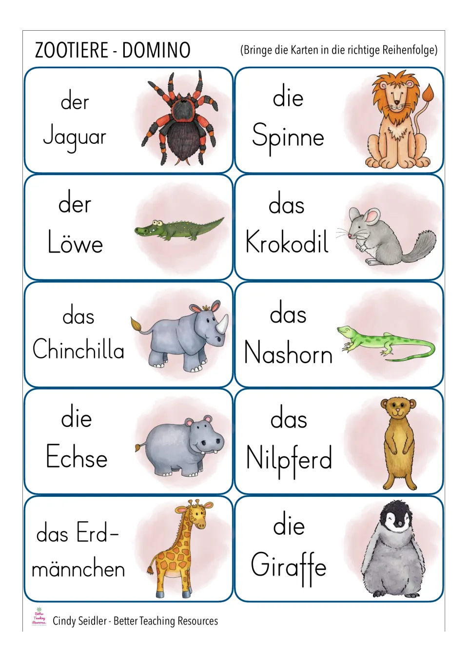 Domino cards 11–20: der Jaguar (jaguar), die Spinne (spider), and eight more animal words with pictures.