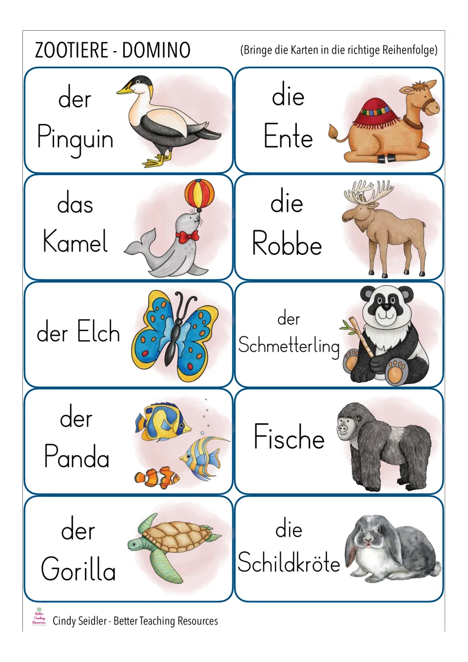 Domino cards 21–30: der Pinguin (penguin), die Ente (duck), and eight more animal words with pictures.