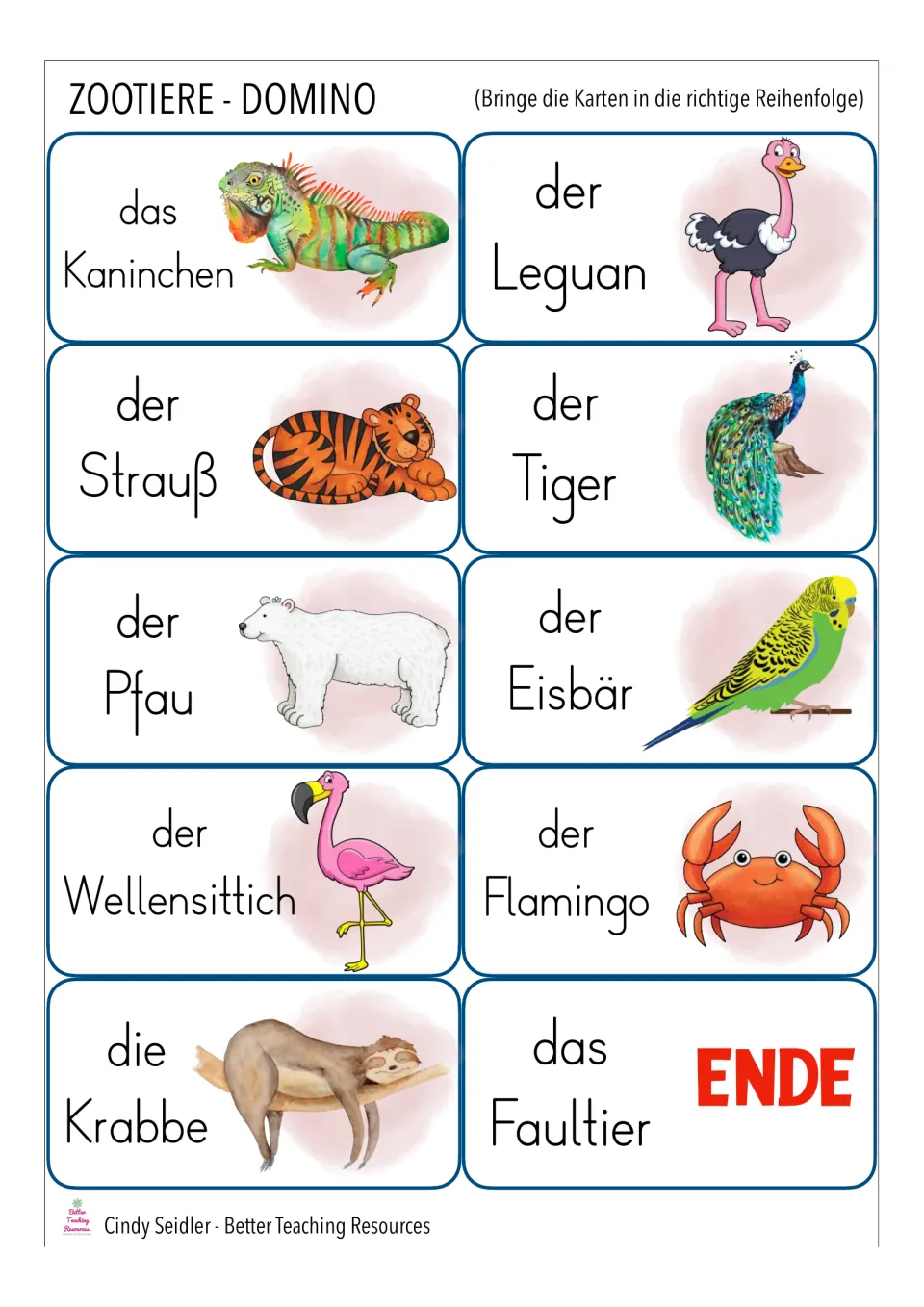 Domino cards 31–40 include das Kaninchen (rabbit), der Leguan (iguana), and das Faultier (sloth) with ENDE.