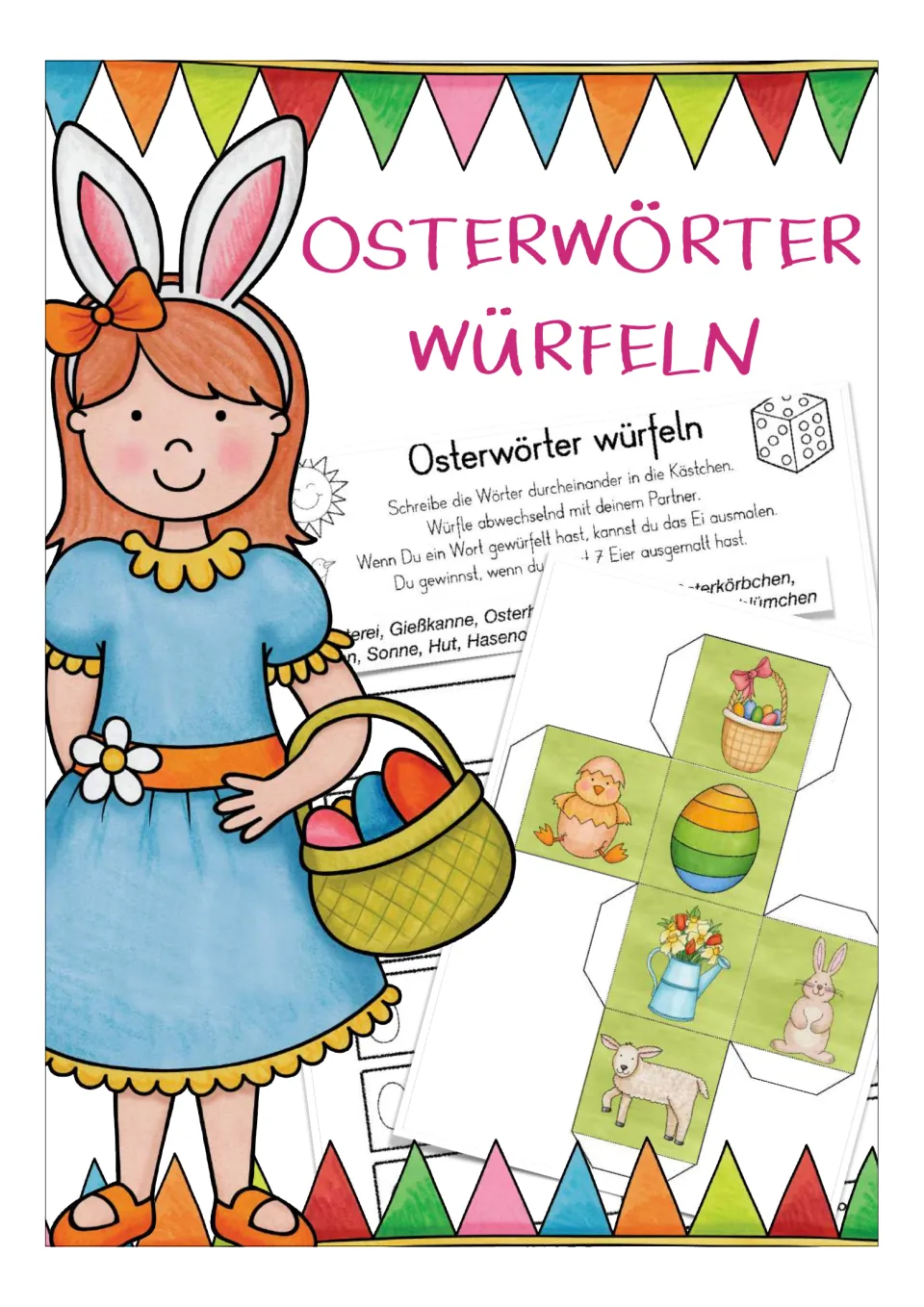 Cover of the German Easter vocabulary dice game, titled 'Osterwörter würfeln' (Roll Easter Words)
