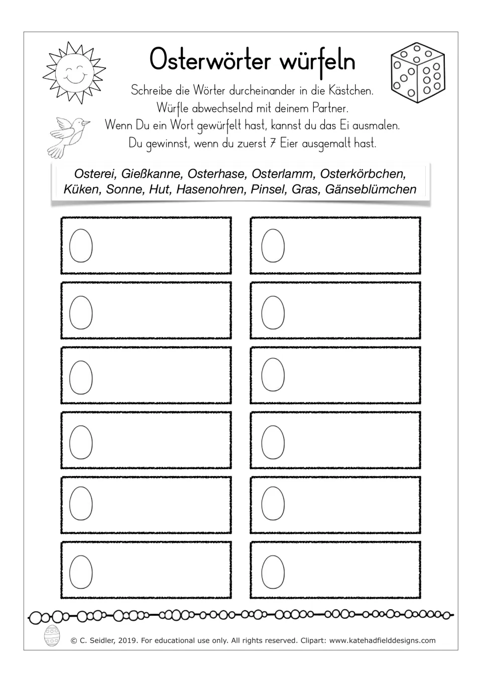 German Easter game recording sheet: 12 words, including Osterei (Easter egg), and rules to color seven eggs