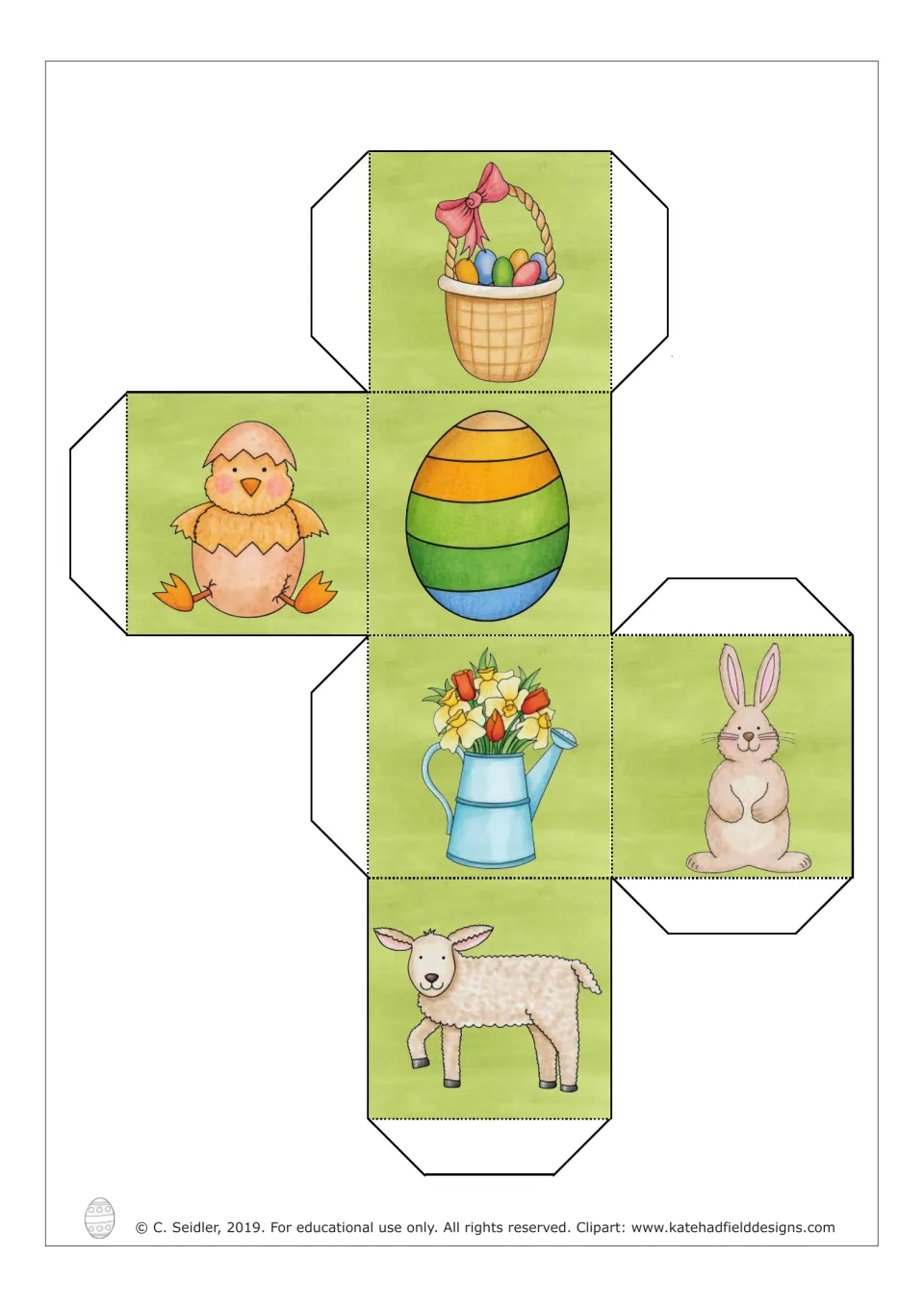 Color picture die template for the German game: Easter basket, chick, egg, watering can, rabbit, and lamb