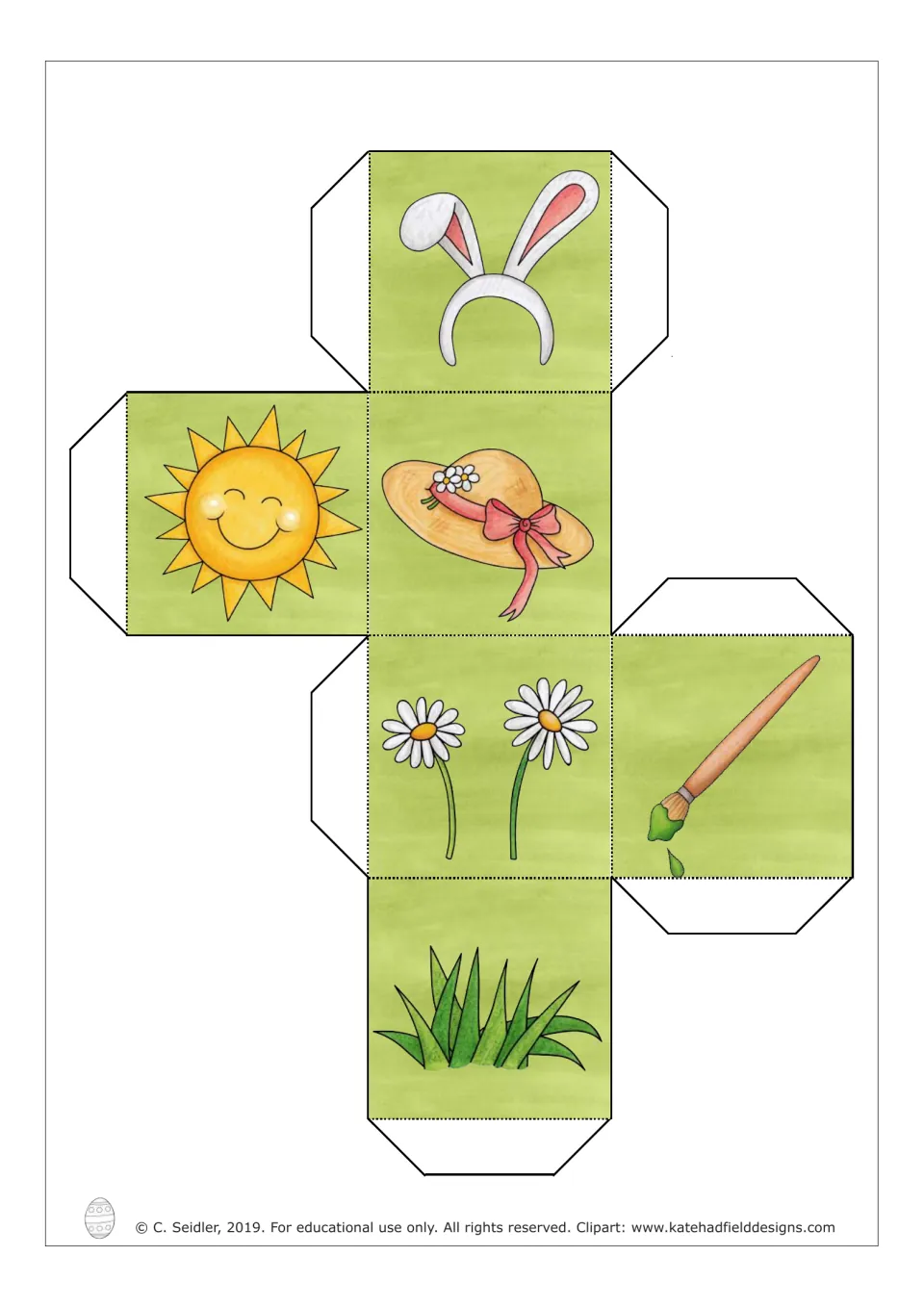Color picture die template for the German game: bunny ears, sun, hat, daisies, paintbrush, and grass
