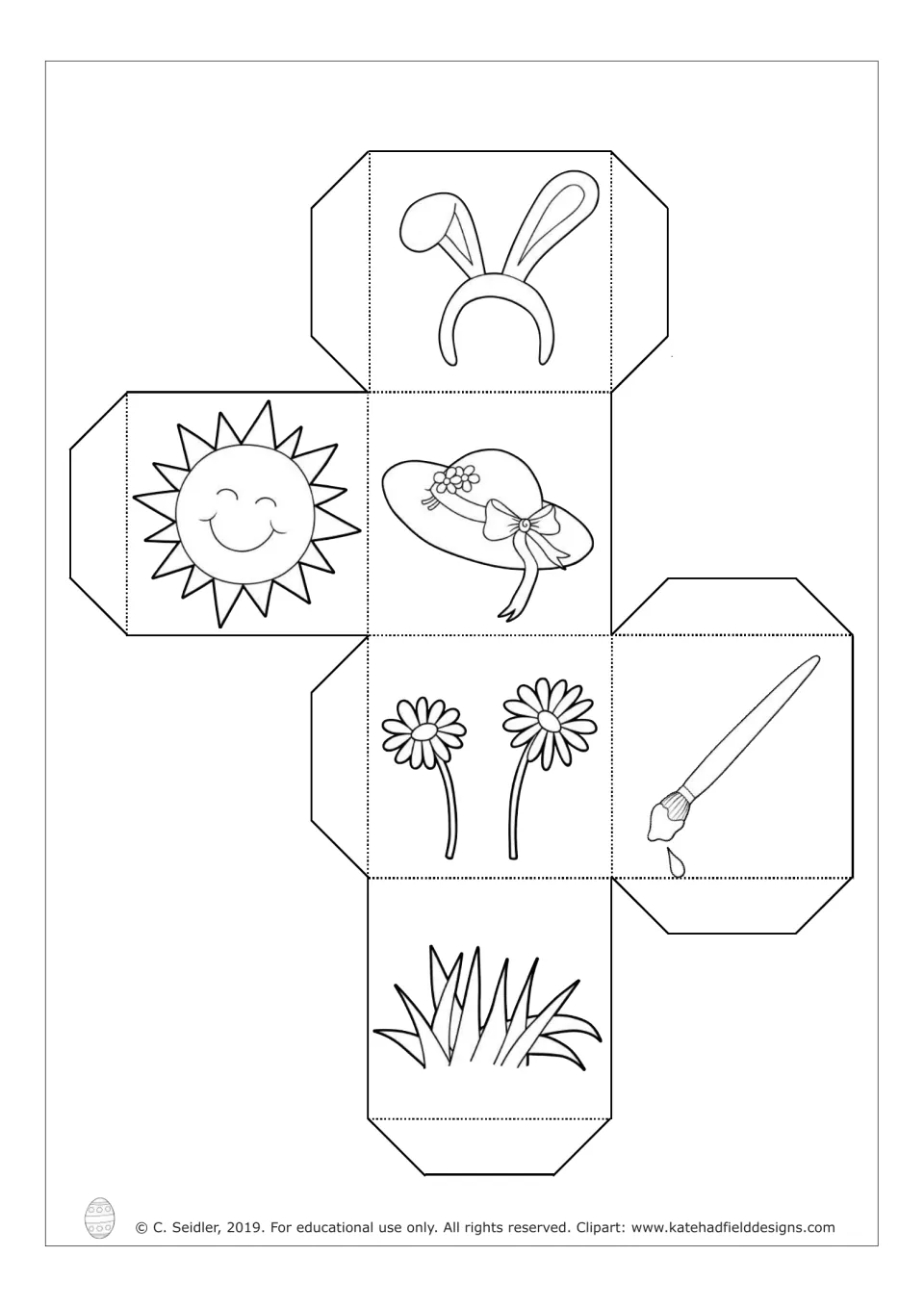 Black-and-white die template for the German game: bunny ears, sun, hat, daisies, paintbrush, and grass