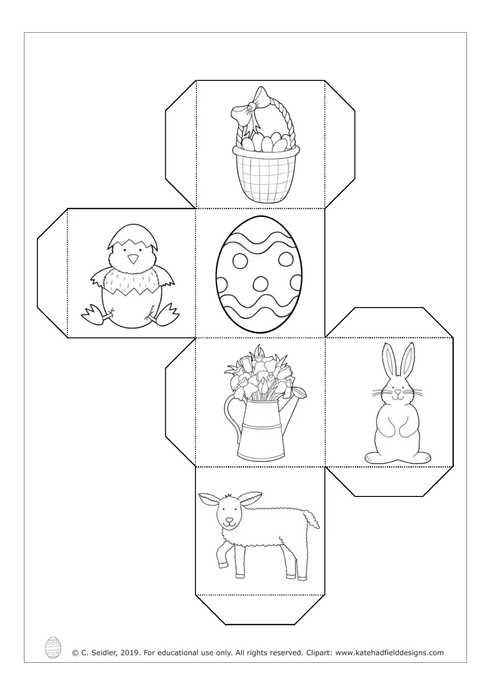 Black-and-white die template for the German game: Easter basket, chick, egg, watering can, rabbit, and lamb