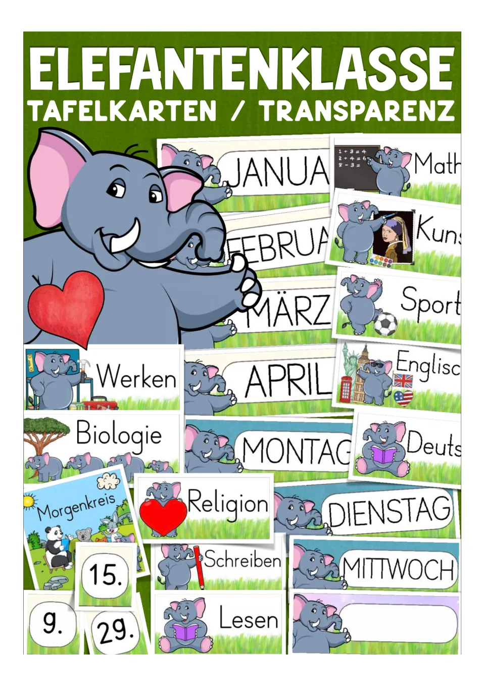 Cover of the German classroom card resource, showing samples of weekday, month, subject, and number cards