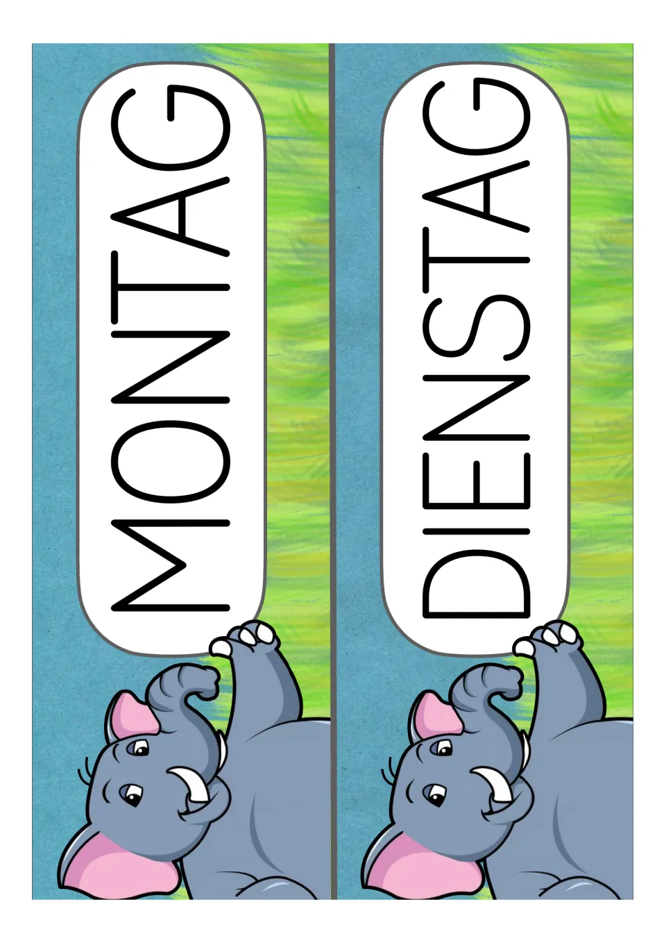 German weekday cards for the classroom set: MONTAG (Monday) and DIENSTAG (Tuesday), printed two per sheet