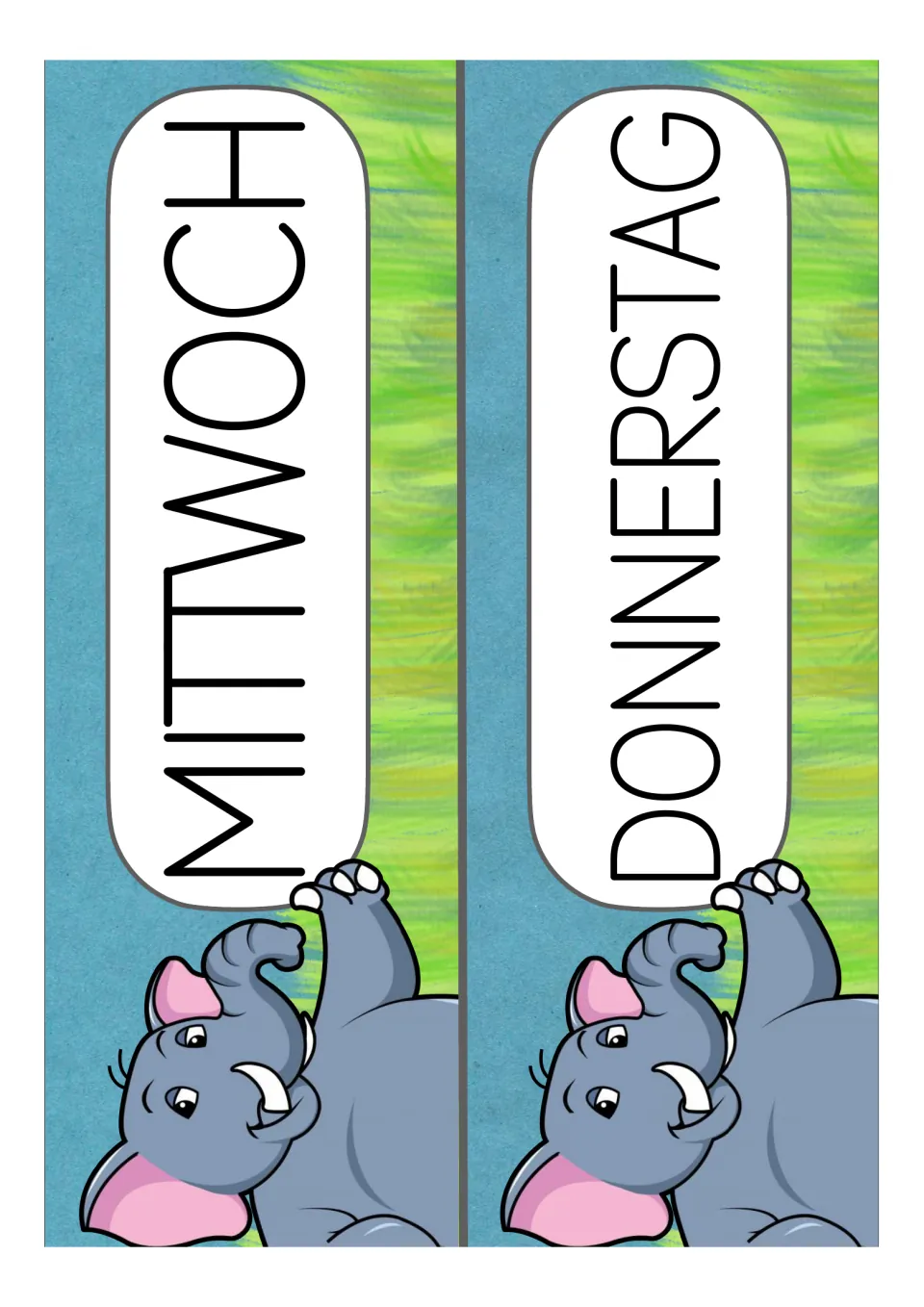 German weekday cards for the classroom set: MITTWOCH (Wednesday) and DONNERSTAG (Thursday), two per sheet