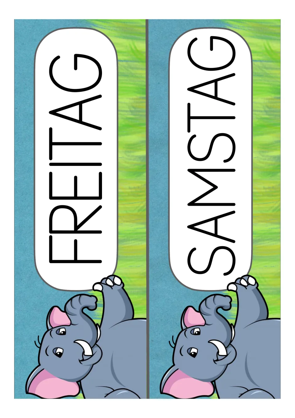 German weekday cards for the classroom set: FREITAG (Friday) and SAMSTAG (Saturday), printed two per sheet