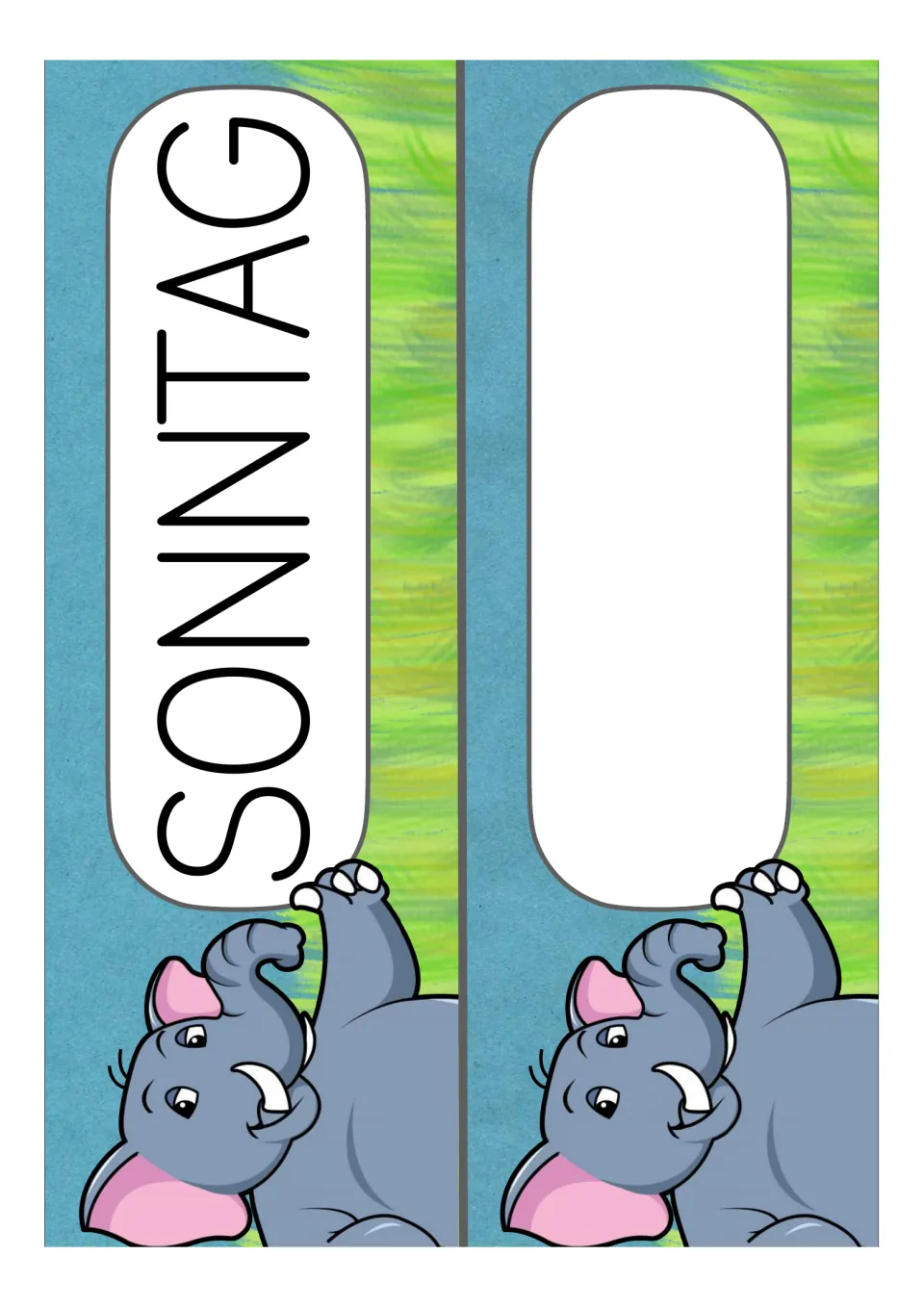 Final German weekday card, SONNTAG (Sunday), paired with one blank card template for the classroom set