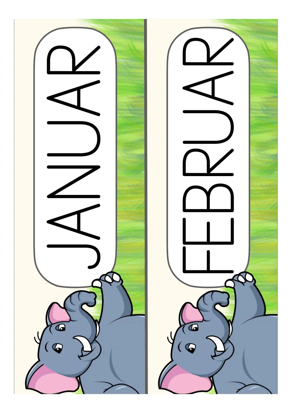 German month cards for the classroom set: JANUAR (January) and FEBRUAR (February), printed two per sheet