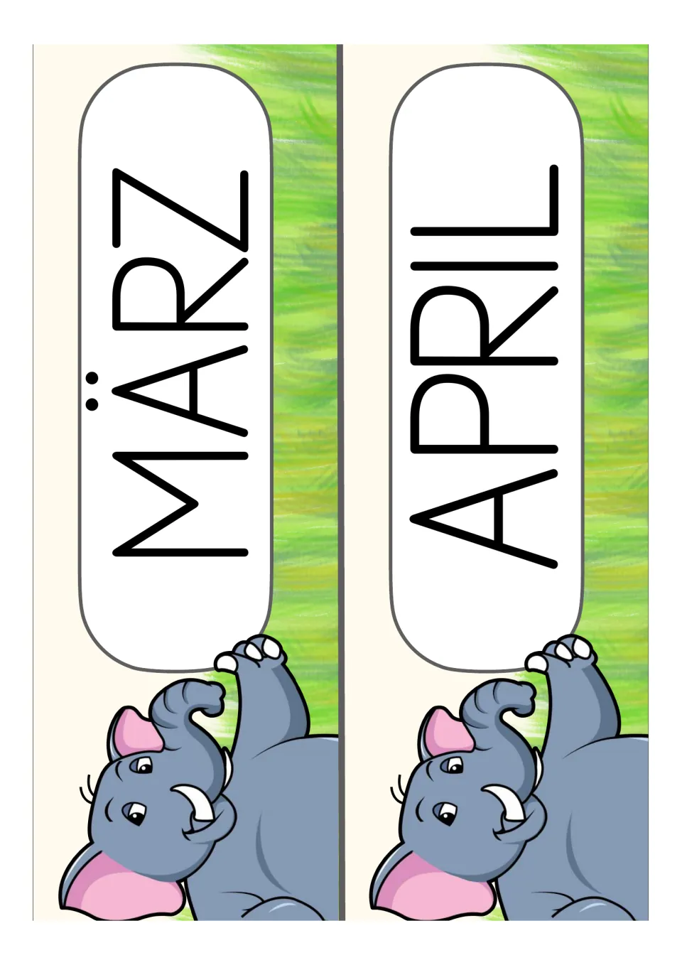 German month cards for the classroom set: MÄRZ (March) and APRIL (April), continuing the month sequence