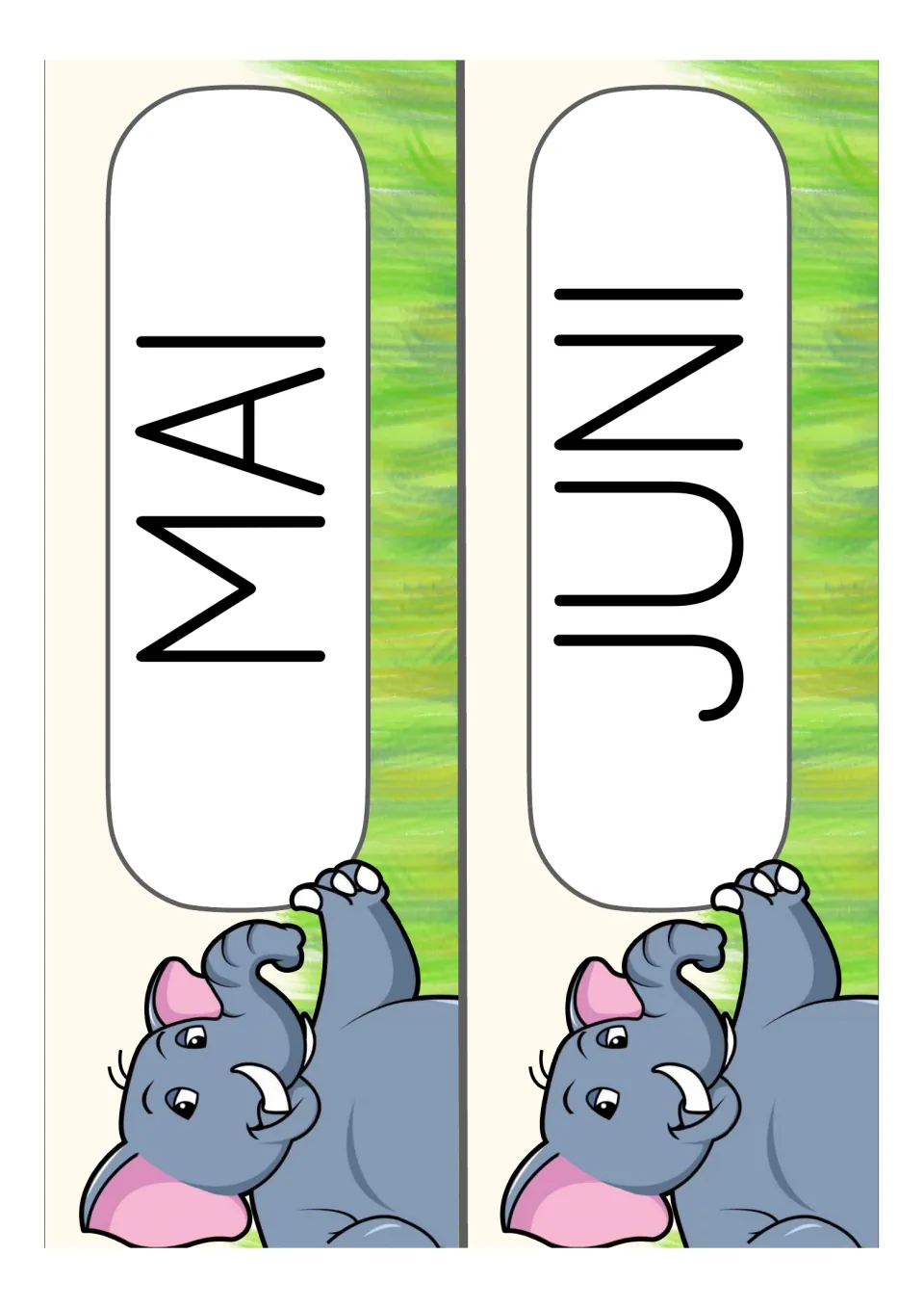 German month cards for the classroom set: MAI (May) and JUNI (June), continuing the two-card month sheets
