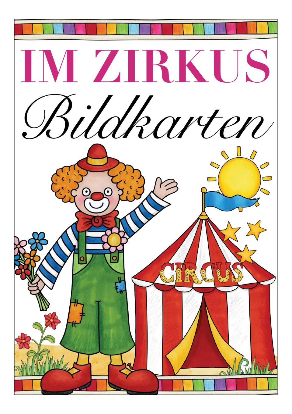 Cover of the German circus flashcard resource, titled 'Im Zirkus Bildkarten,' showing a clown and circus tent