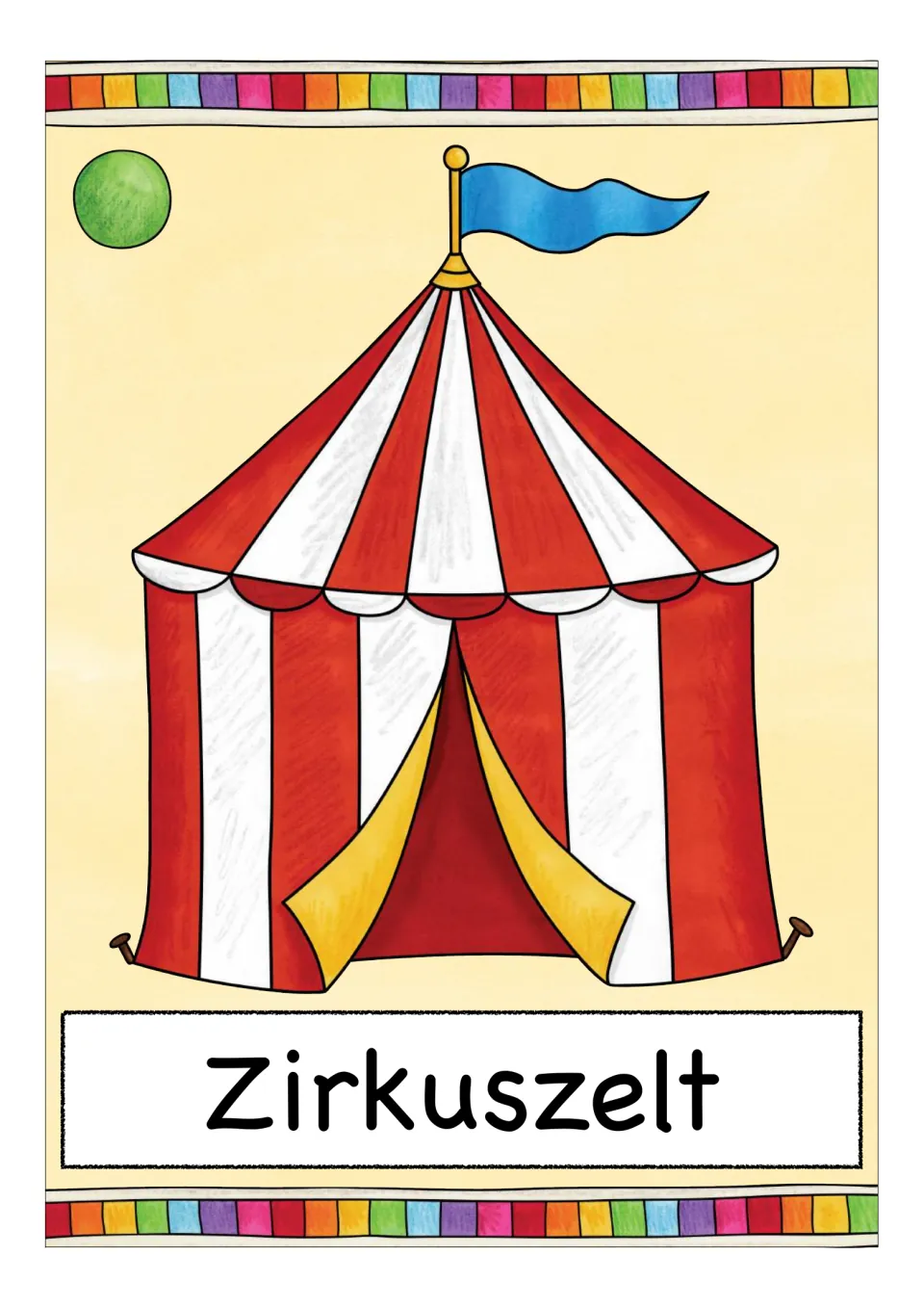 German circus vocabulary card labeled 'Zirkuszelt' (circus tent), showing a striped tent with an open entrance