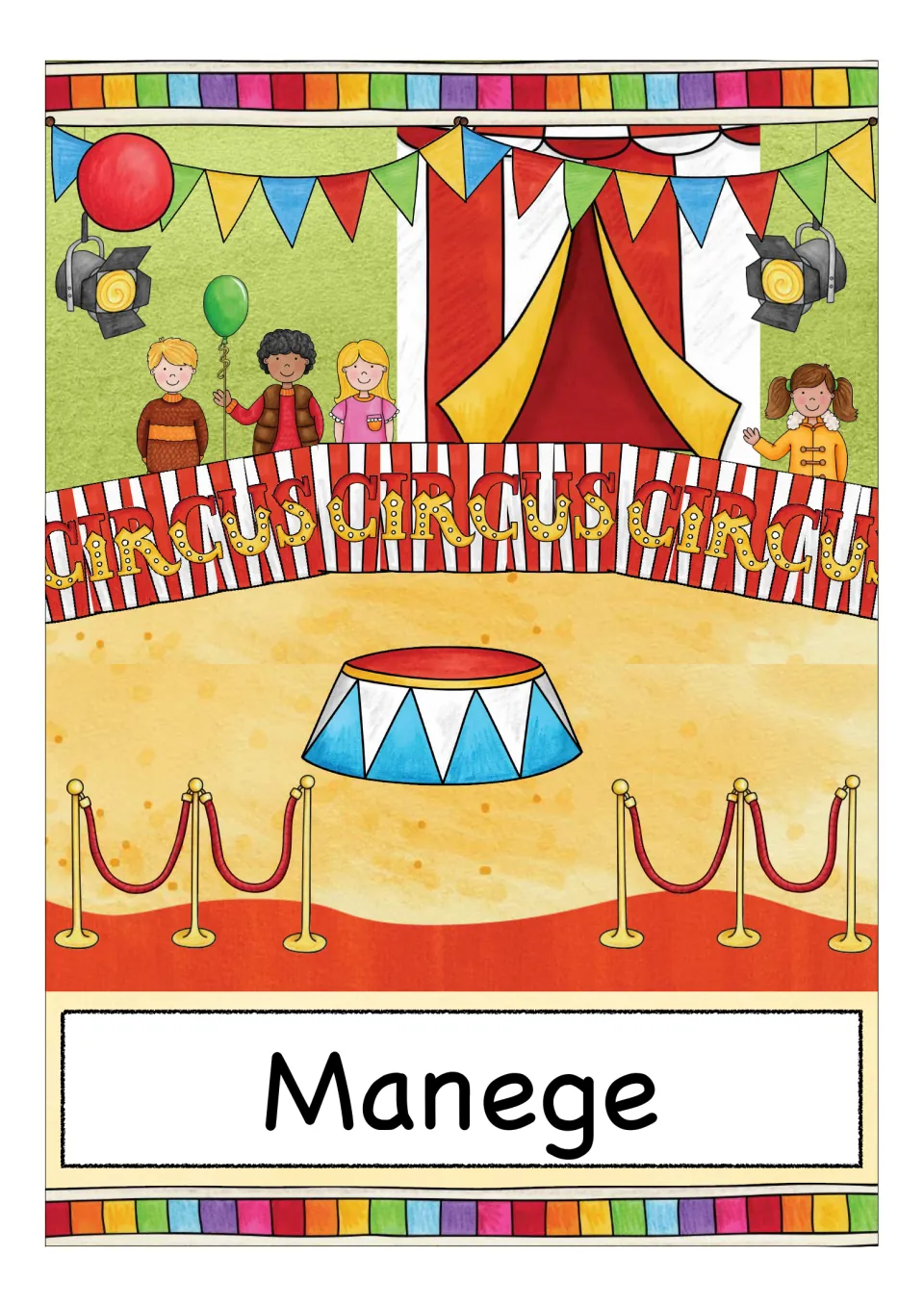German circus vocabulary card labeled 'Manege' (circus ring), showing a performance area and spectators
