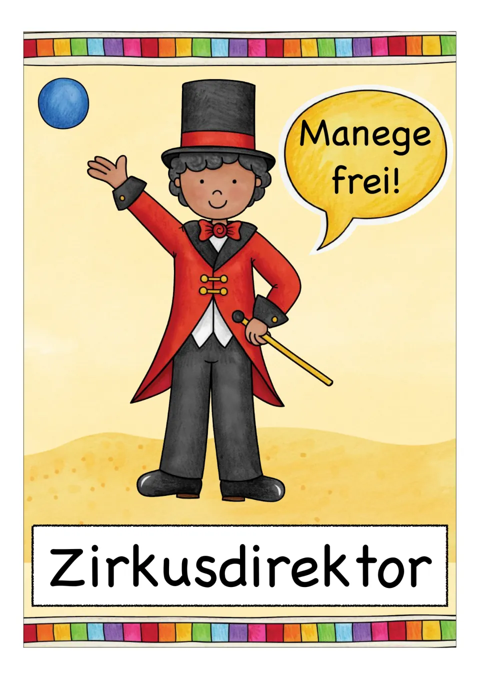 German circus card labeled 'Zirkusdirektor' (ringmaster), with a ringmaster saying 'Manege frei!'