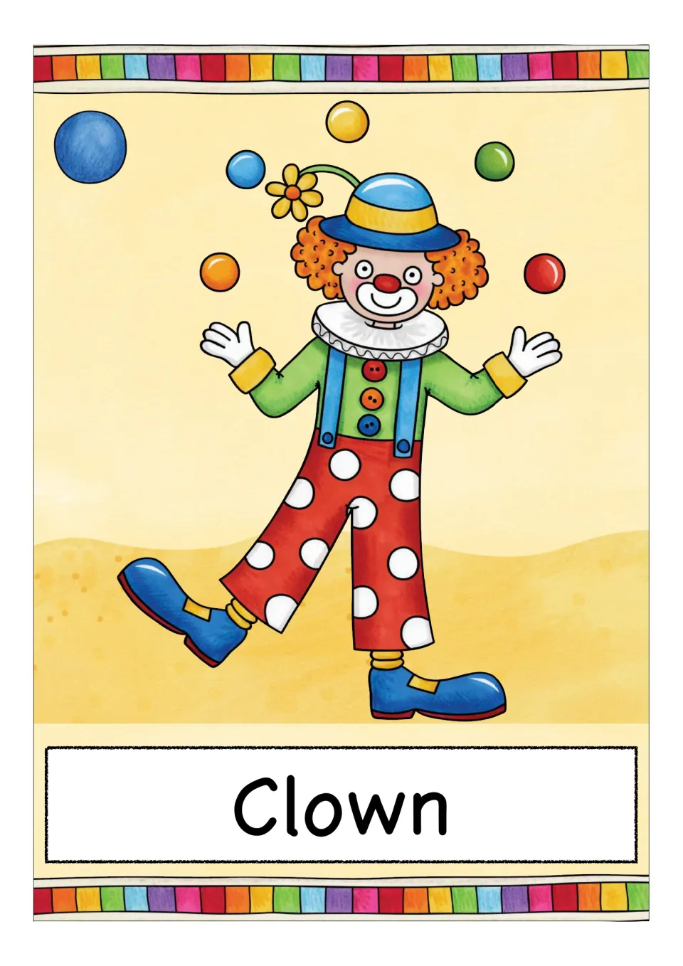 German circus vocabulary card labeled 'Clown' (clown), showing a juggling clown wearing polka-dot pants