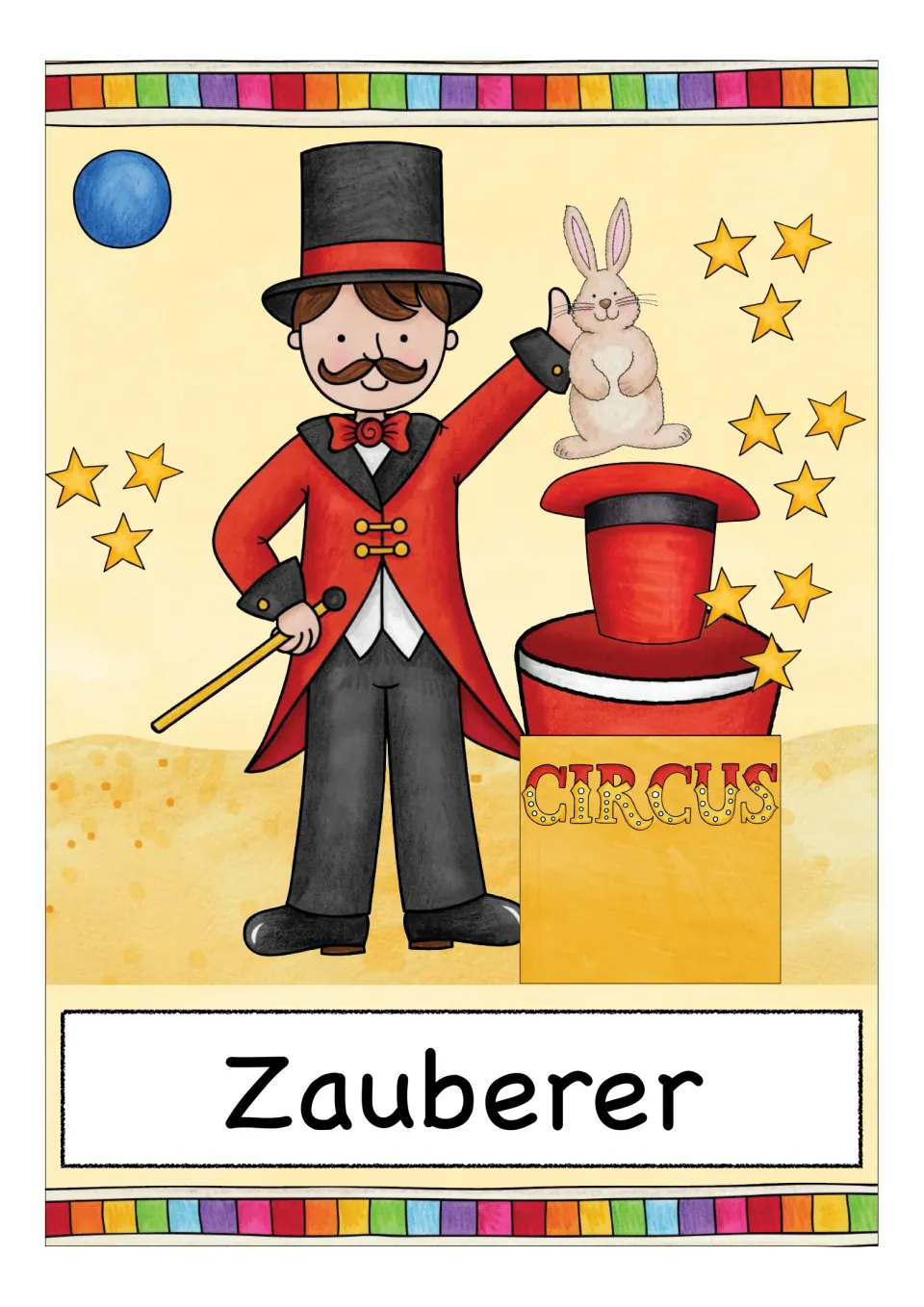 German circus vocabulary card labeled 'Zauberer' (magician), showing a magician with a rabbit and wand