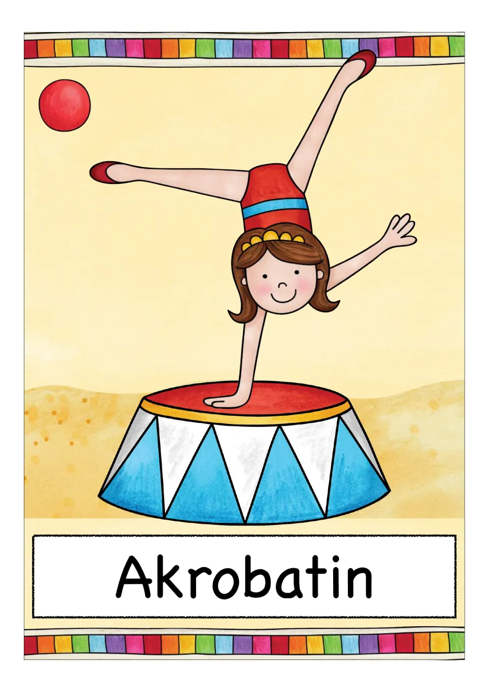 German circus vocabulary card labeled 'Akrobatin' (female acrobat), showing a one-handed handstand
