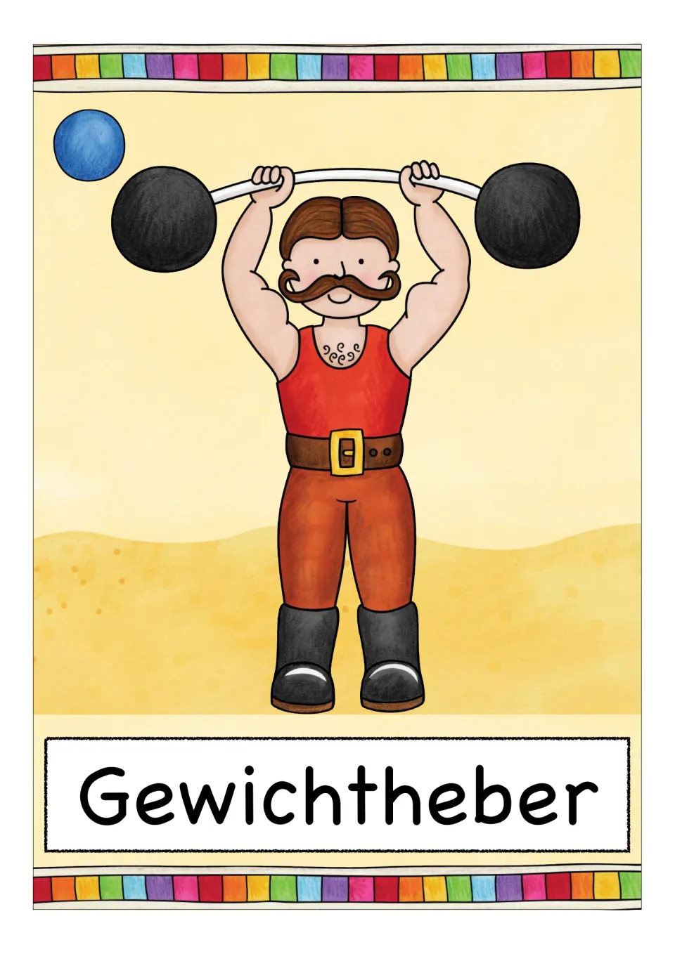 German circus vocabulary card labeled 'Gewichtheber' (weightlifter), showing a man lifting a barbell overhead