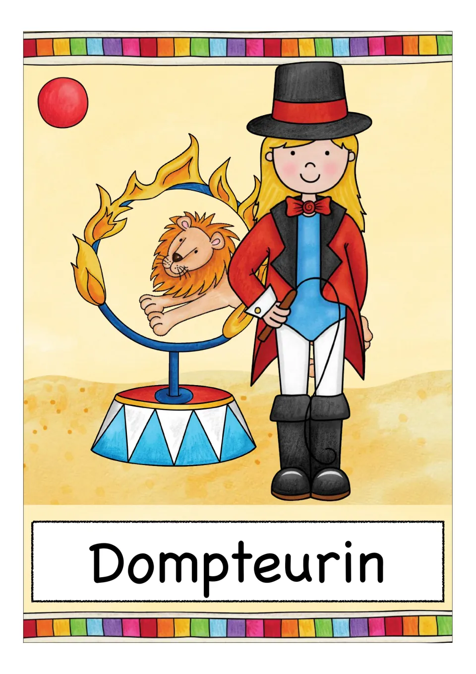 German circus card labeled 'Dompteurin' (female animal trainer), showing a trainer and lion in a flaming hoop