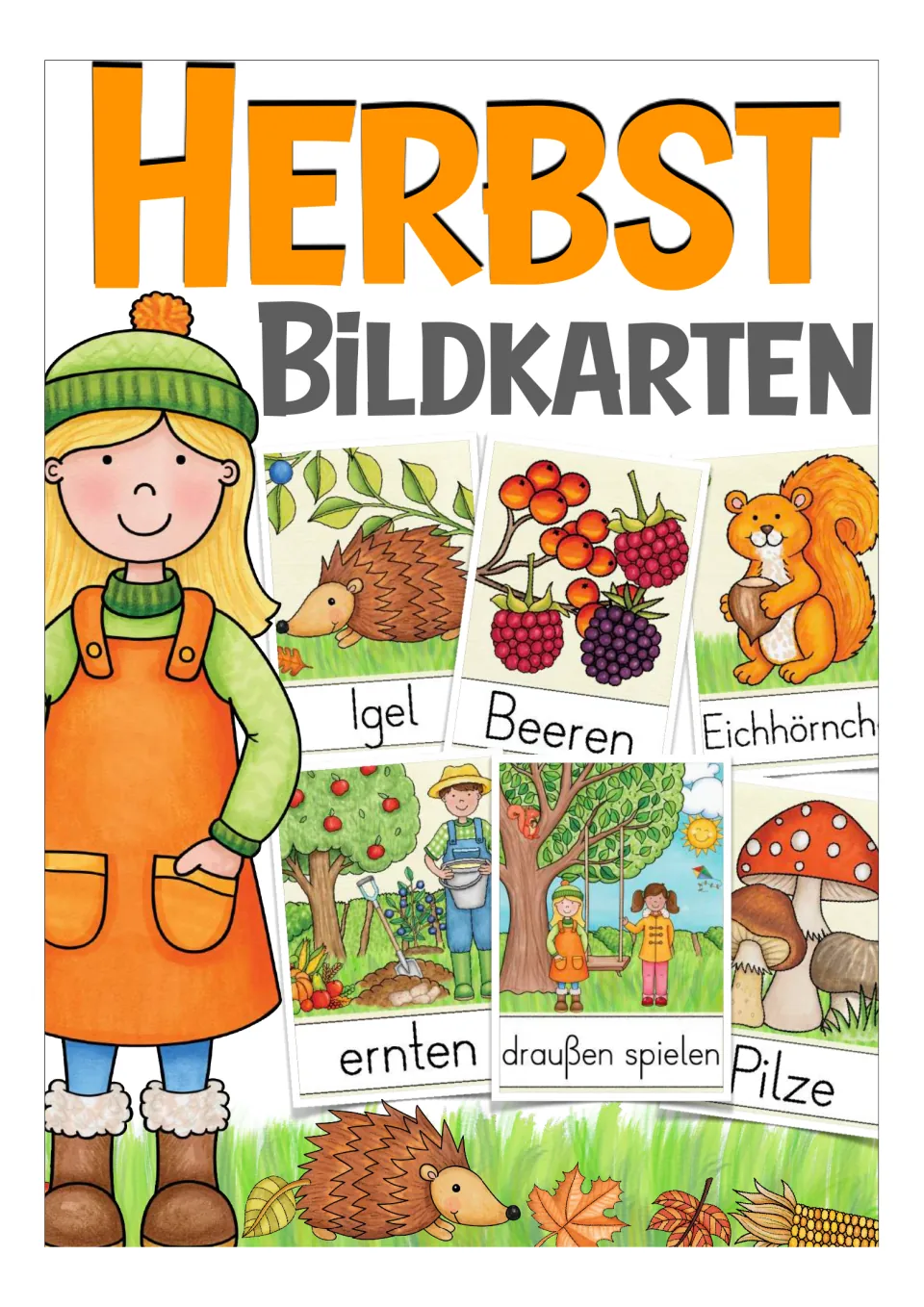 Cover of the German autumn flashcard set, headed 'Herbst Bildkarten,' showing sample vocabulary cards